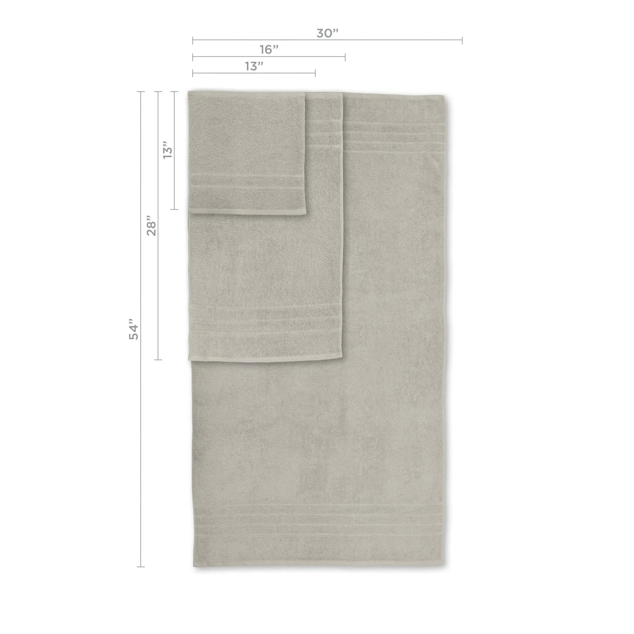 Sand colored towel with dimensions labeled on a white background