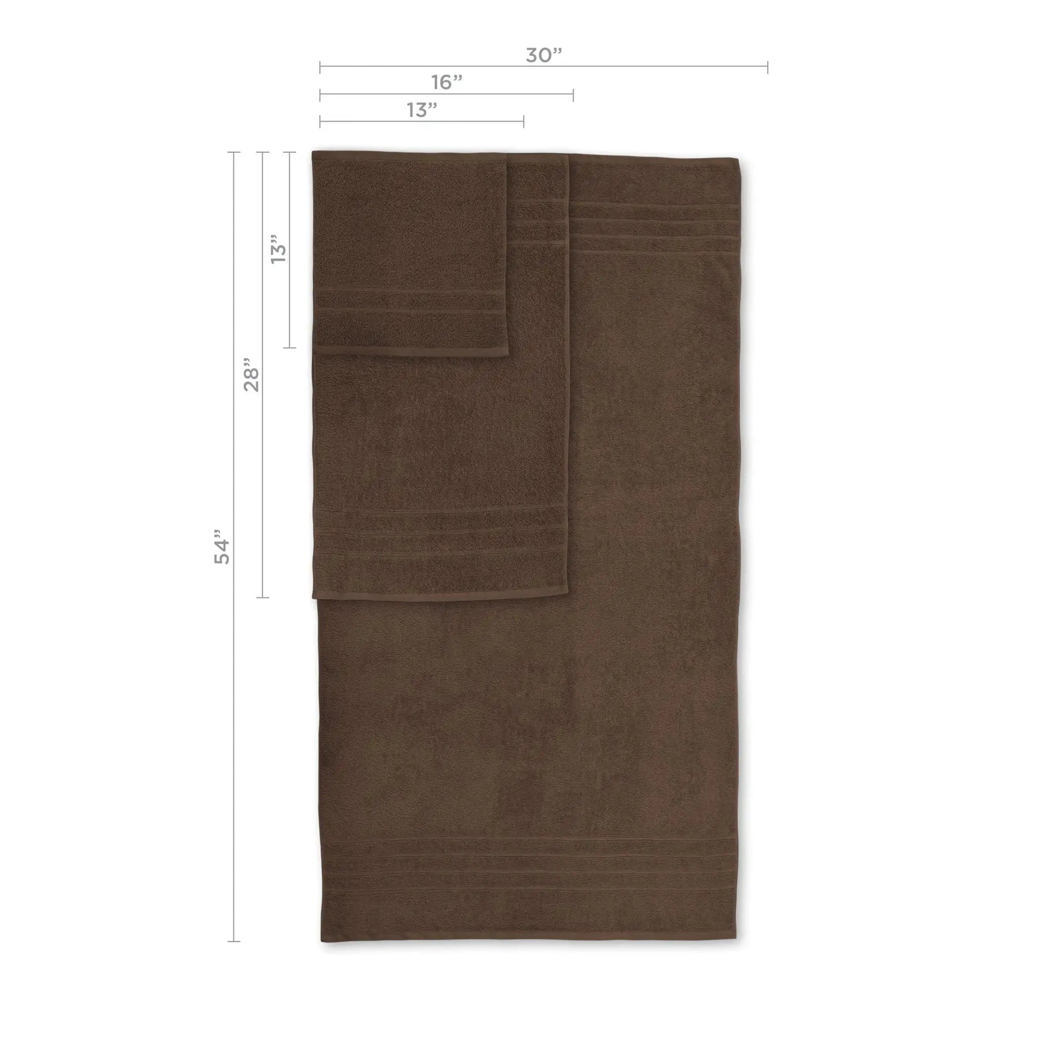 Brown towel with dimensions labeled on a white background