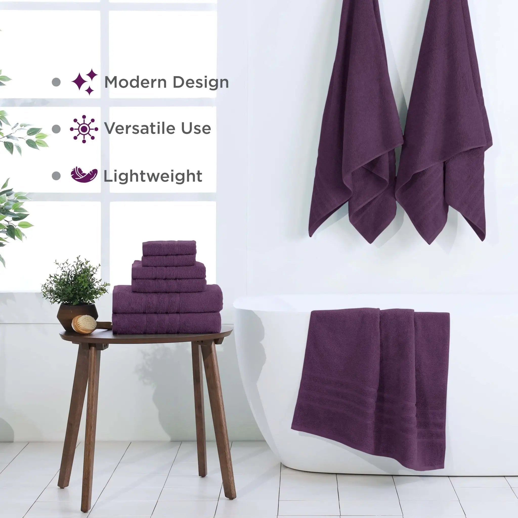Purple towels displayed in a bathroom setting with text highlighting features.