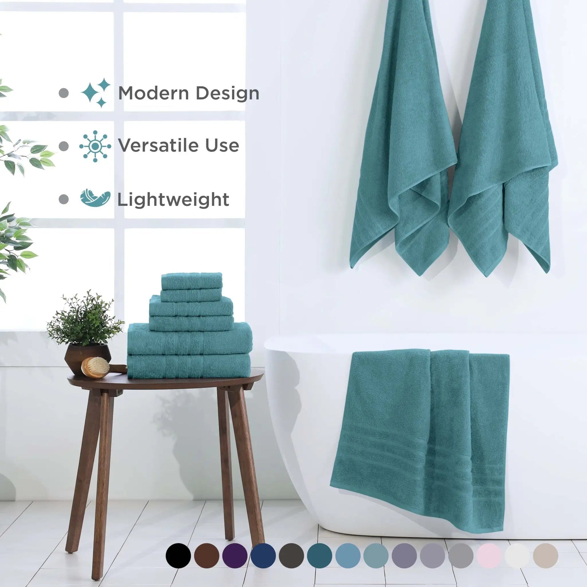 Teal towel set displayed in a bathroom setting with text highlighting modern design, versatile use, and lightweight features.