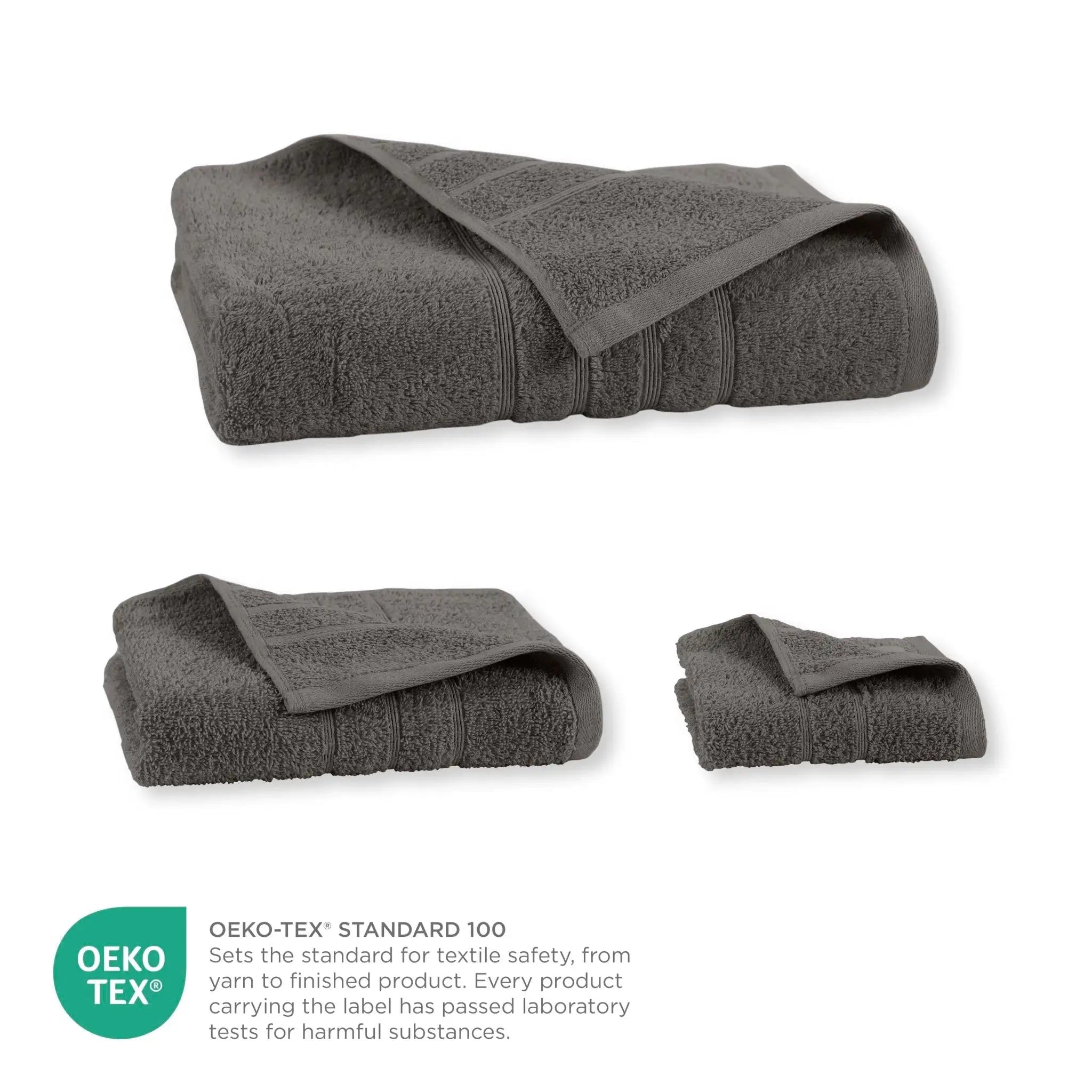 Set of gray towels with OEKO-TEX certification on a white background