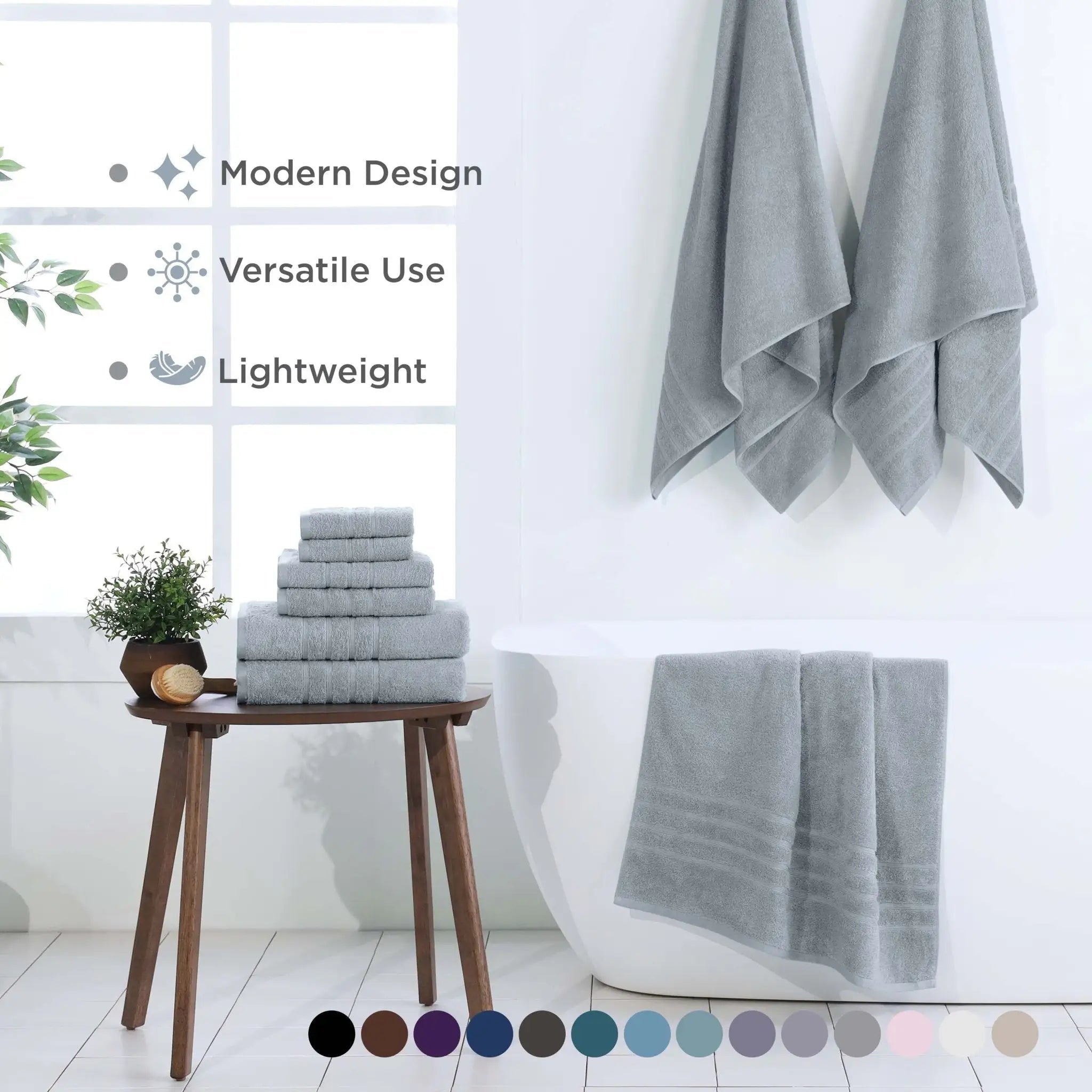 A set of spa blue towels displayed in a bright bathroom set. Text on the left highlights modern design, versatile use, and lightweight features, with a color swatch row shown at the bottom.