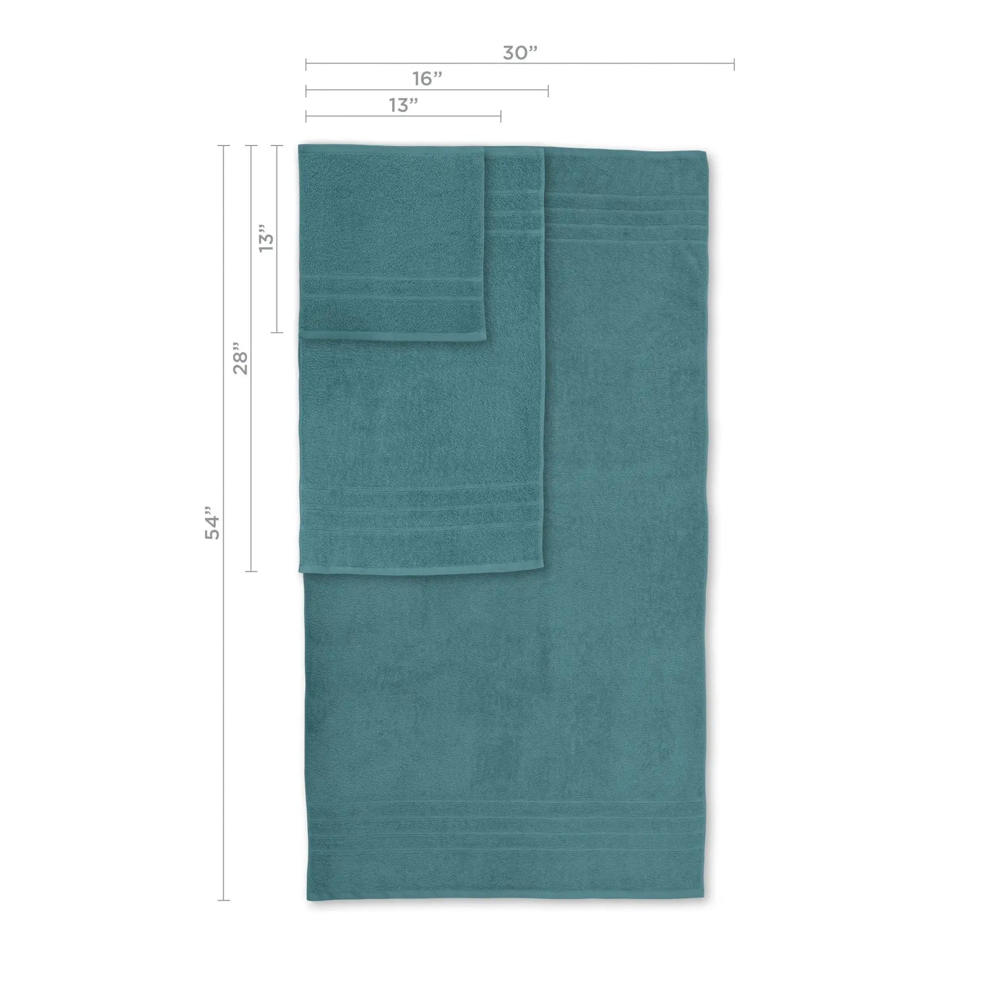 Teal towel with dimensions labeled on a white background
