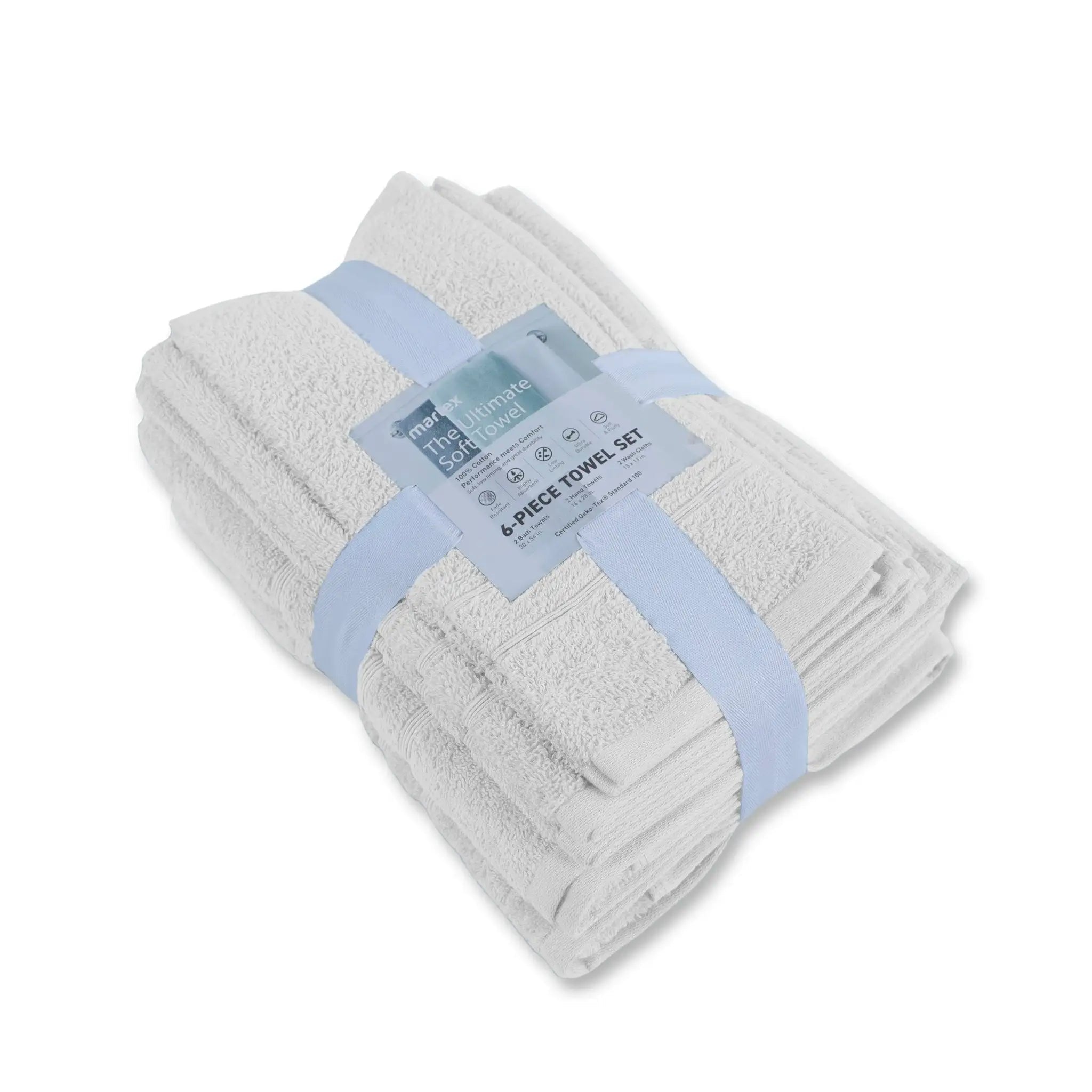 A folded 6-piece towel set in white, wrapped with a light blue paper band that features a product label, set against a plain white background.