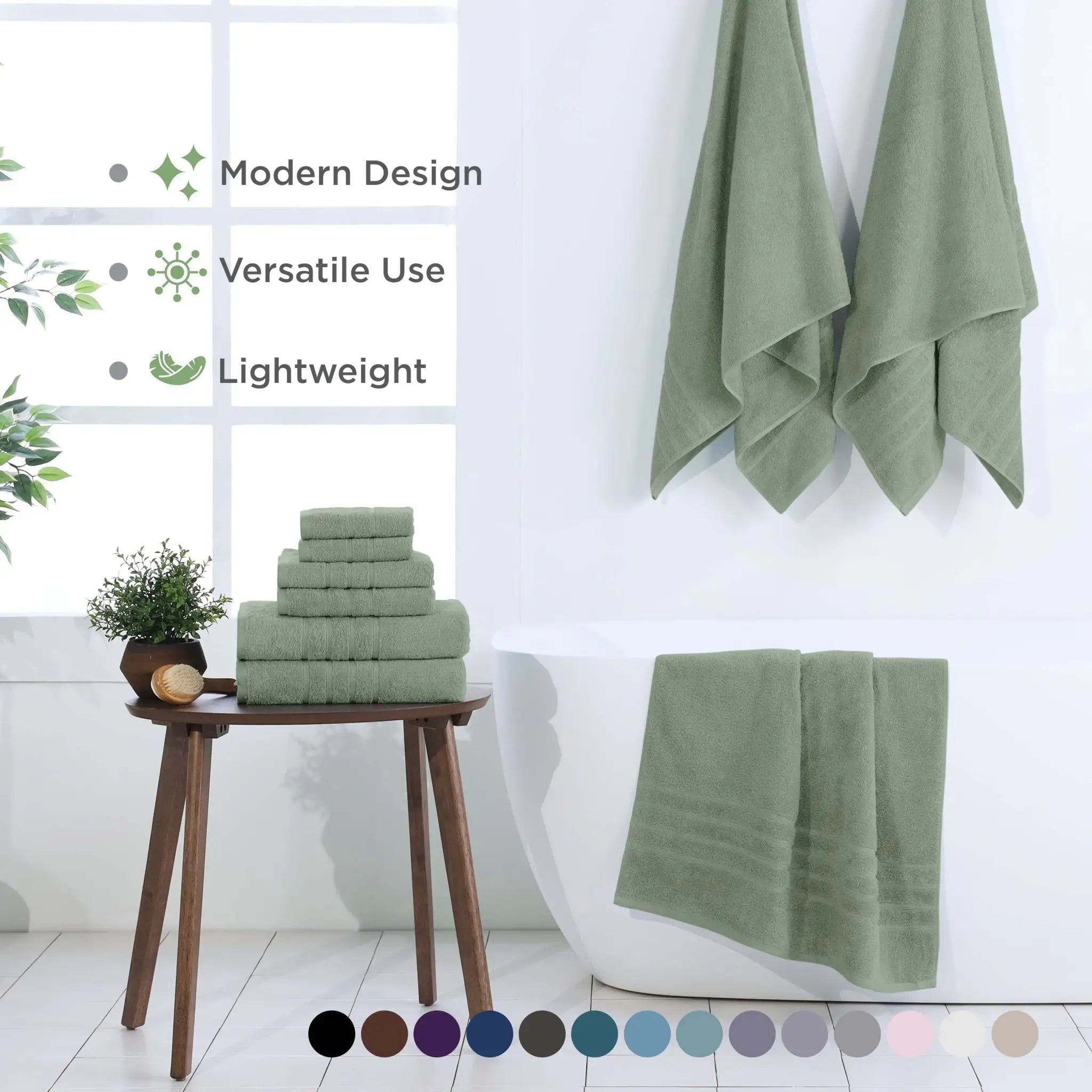 Sage towels displayed on a wooden stool and hanging on a white wall with text highlighting features.