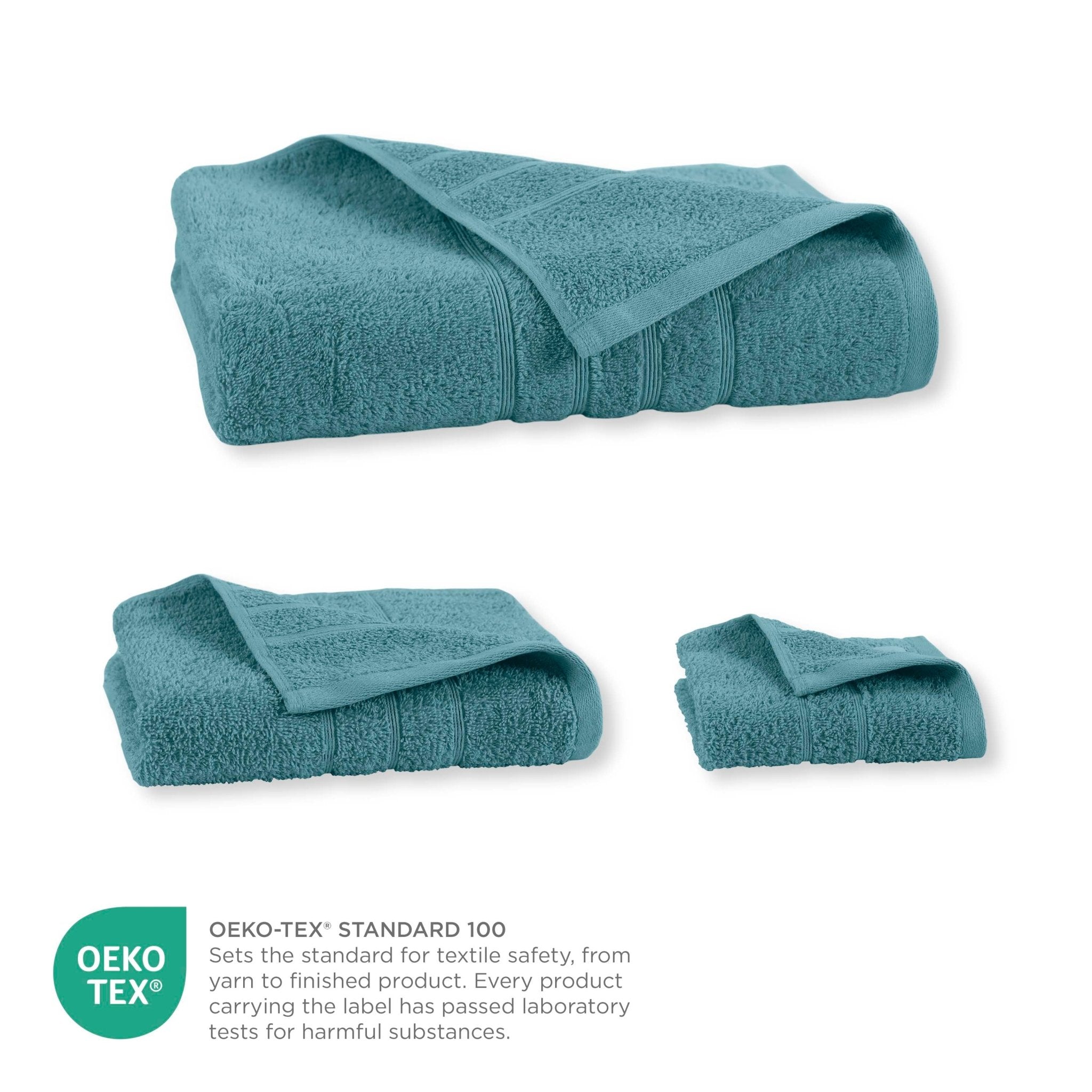 Set of larkspur teal towels with OEKO-TEX certification label on a white background
