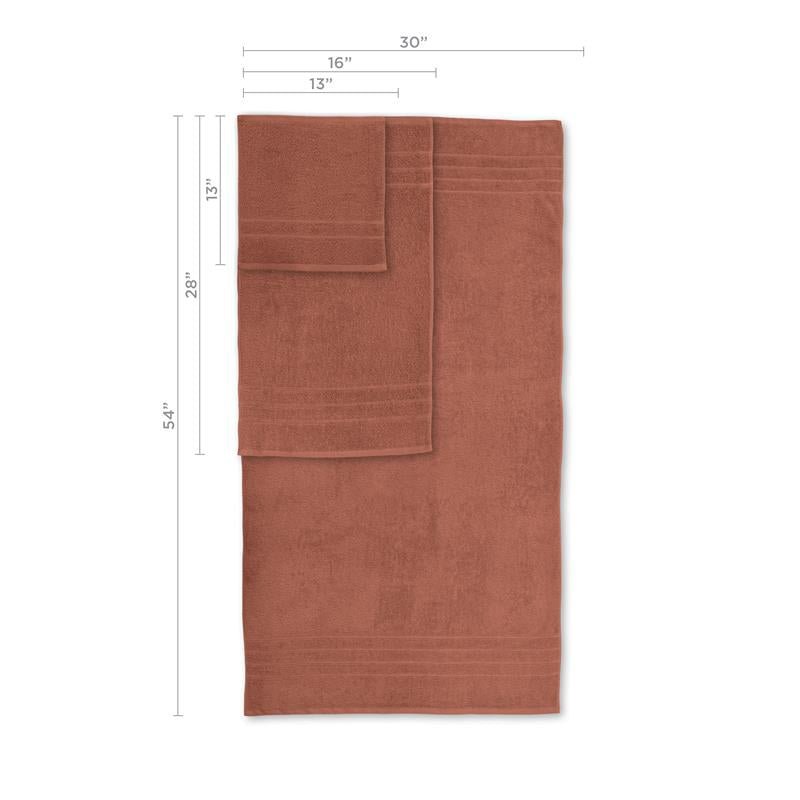 Terracotta towel with dimensions labeled on a white background