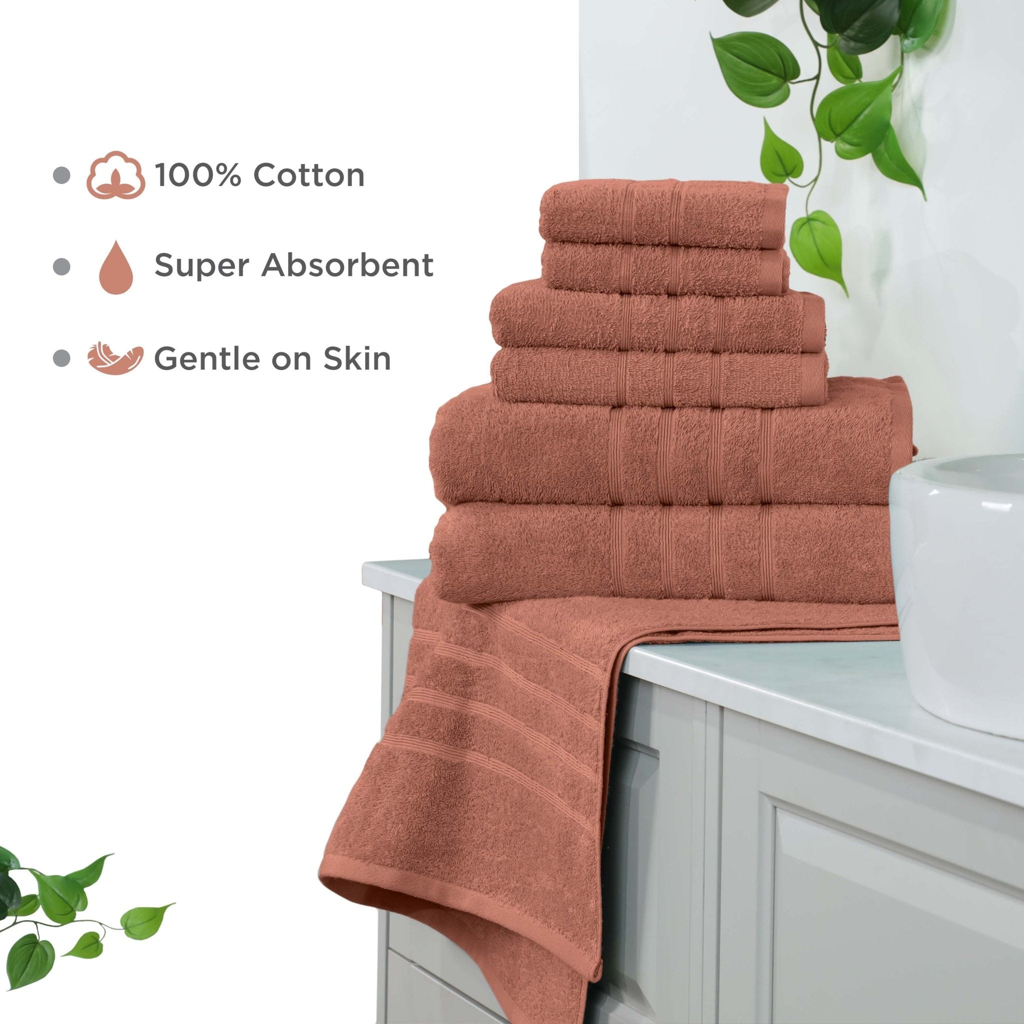 Set of Terracotta towels on a bathroom counter with text highlighting features.