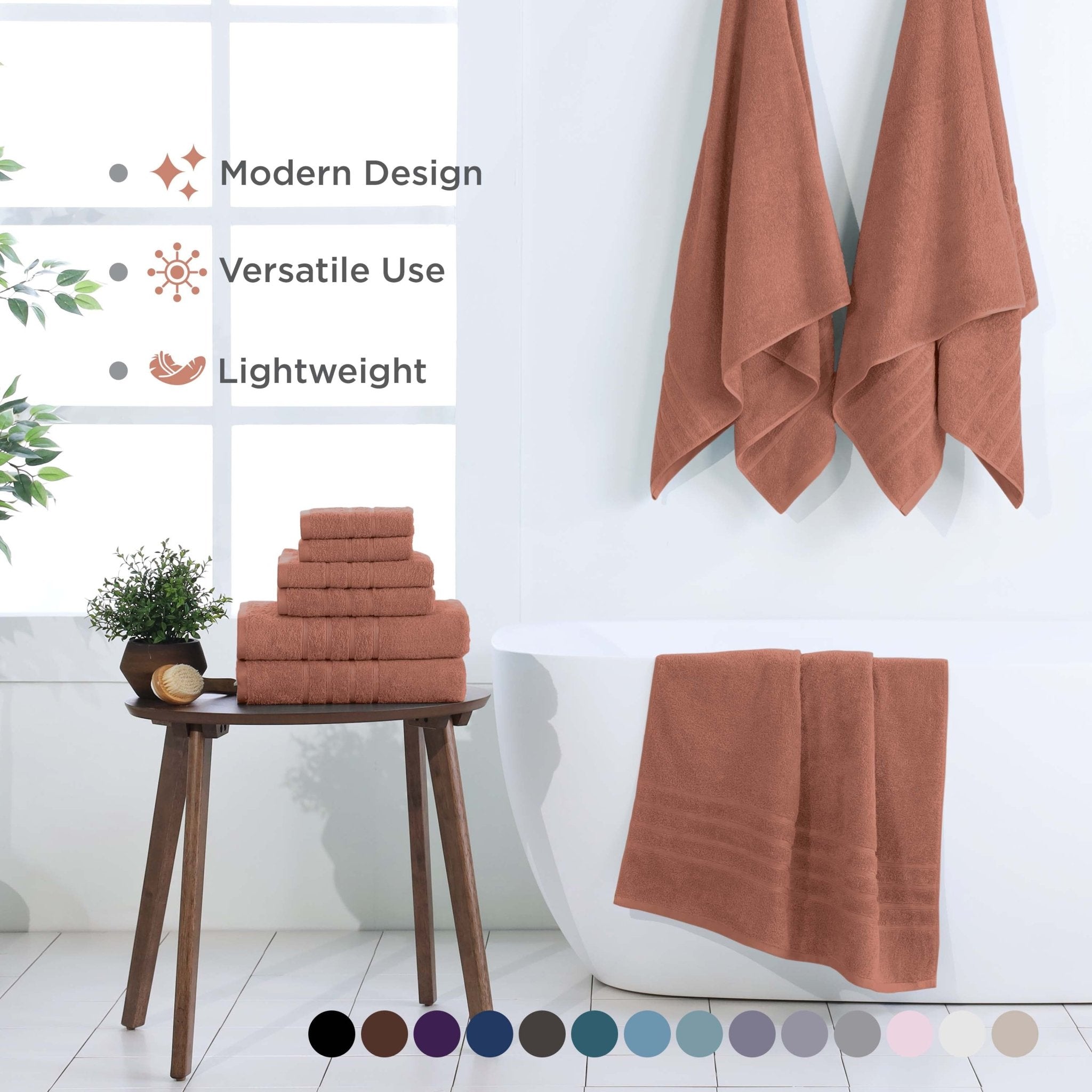 Terracotta towels displayed in a bathroom setting with text highlighting features.