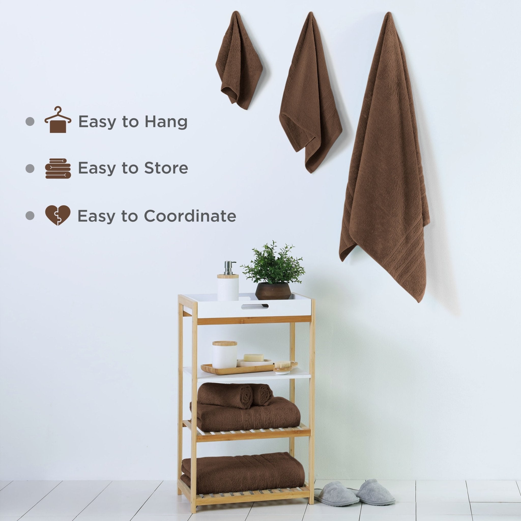 Brown towels on a wooden shelf against a white wall with text indicating features.
