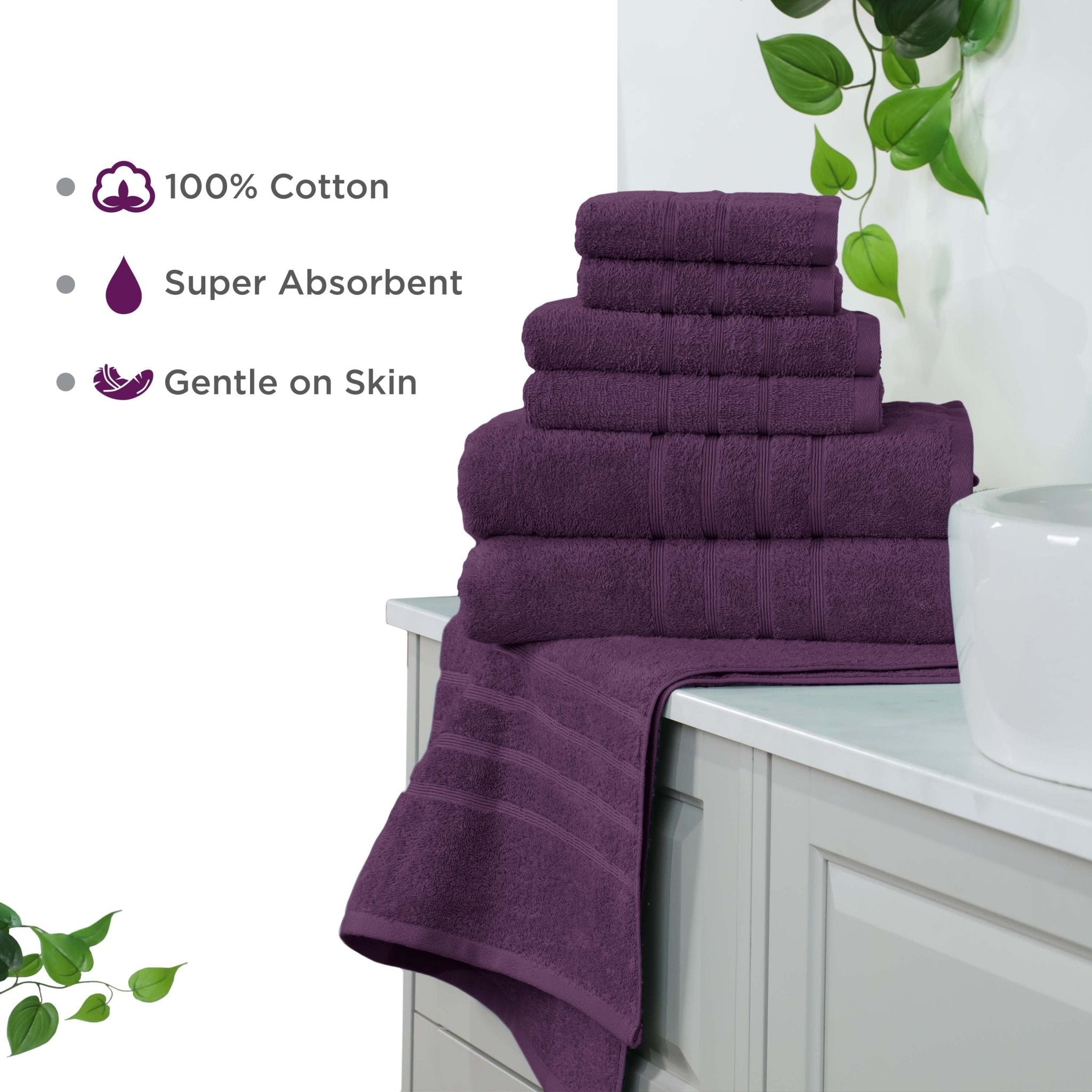 Stack of purple towels on a bathroom counter with text highlighting features.
