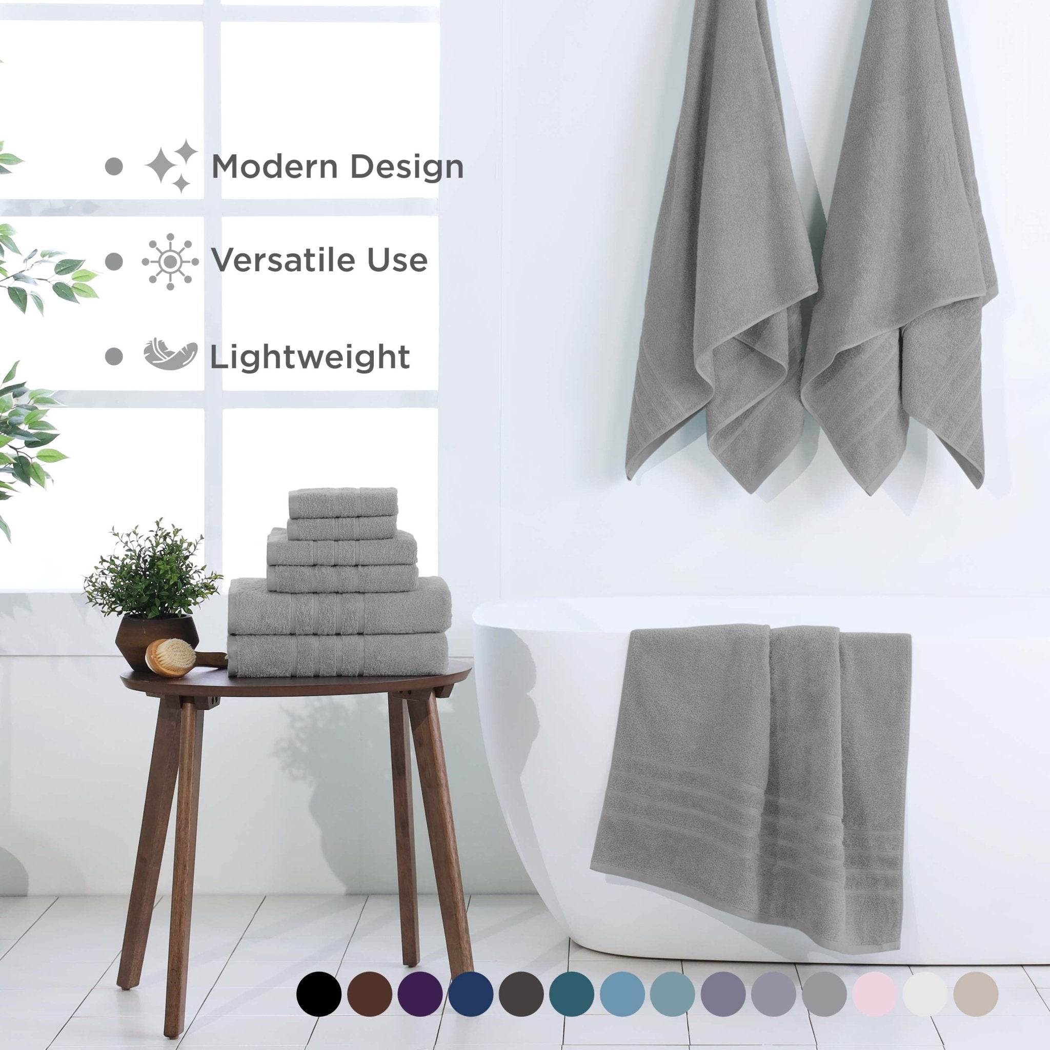 Gray towels displayed on a wooden stool and hanging on a wall with text highlighting features.