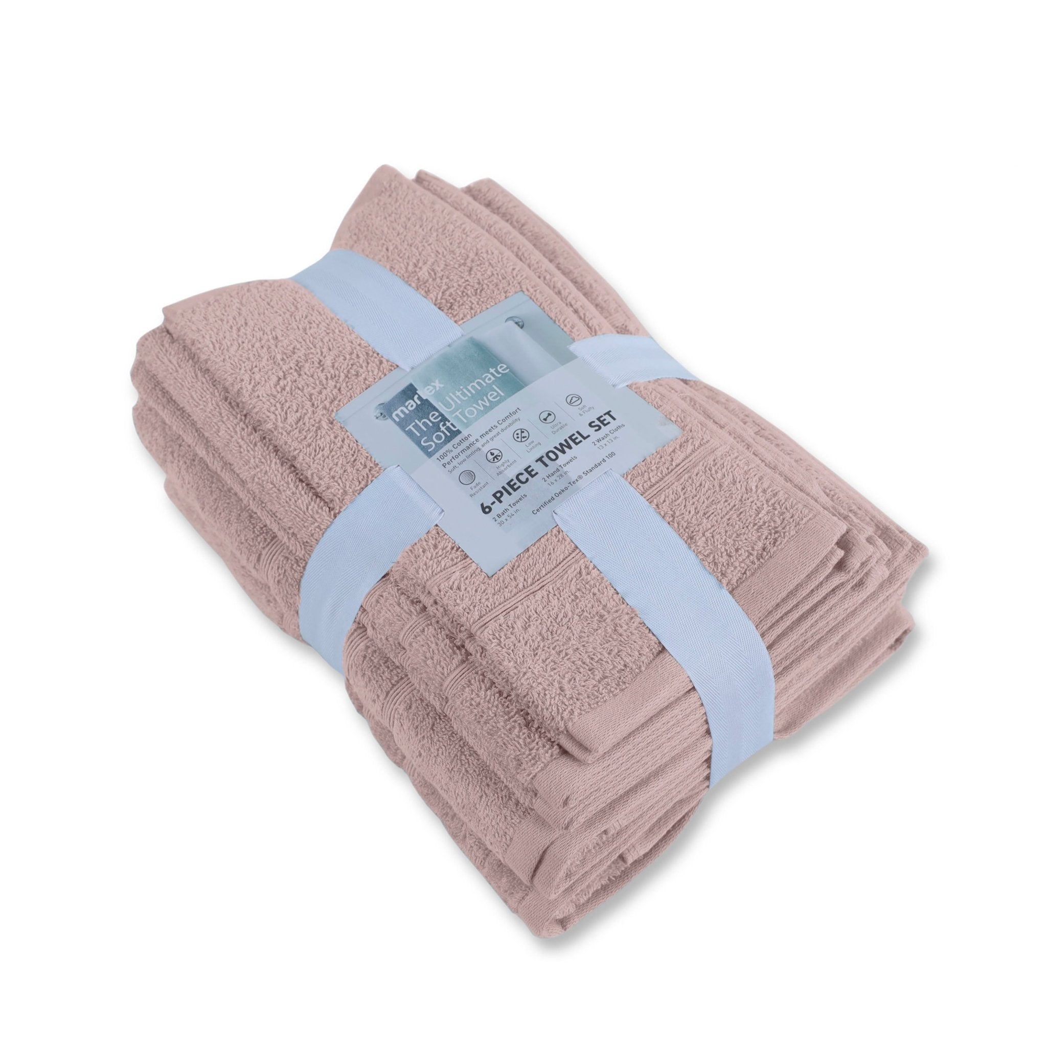 Set of pink towels wrapped with a label on a white background