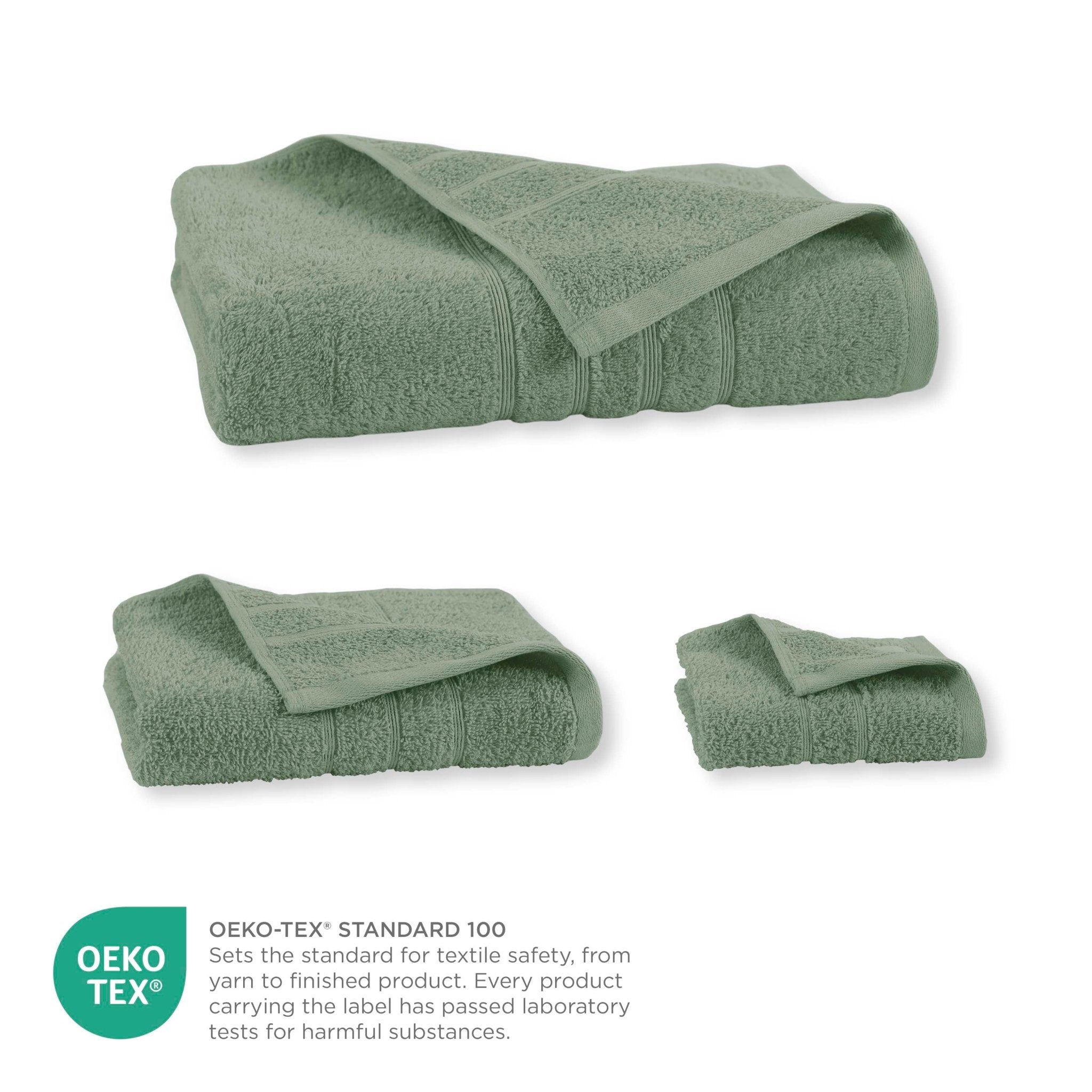 Set of sage towels with OEKO-TEX certification label on a white background