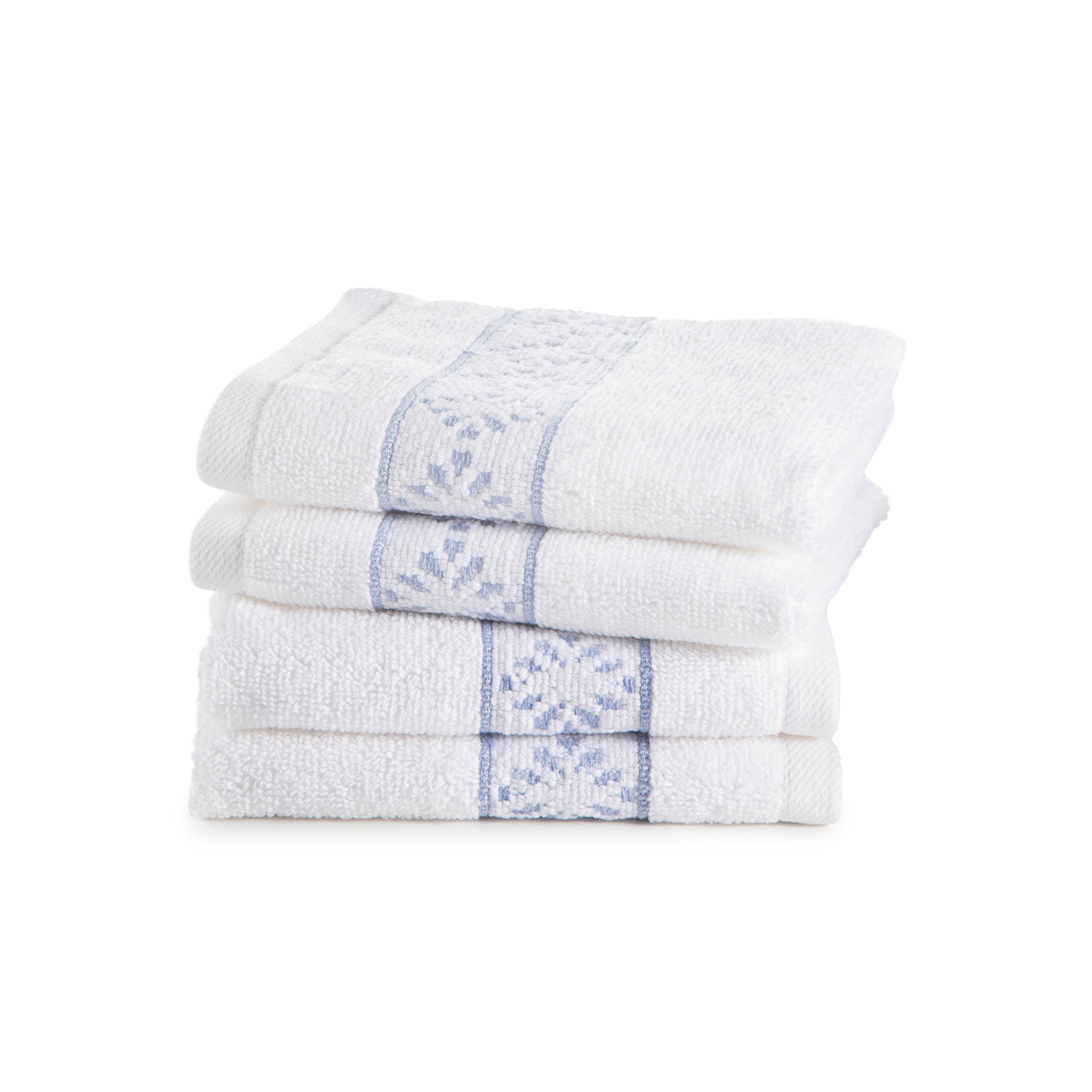 Four stacked white towels with a light blue decorative band featuring a floral pattern.