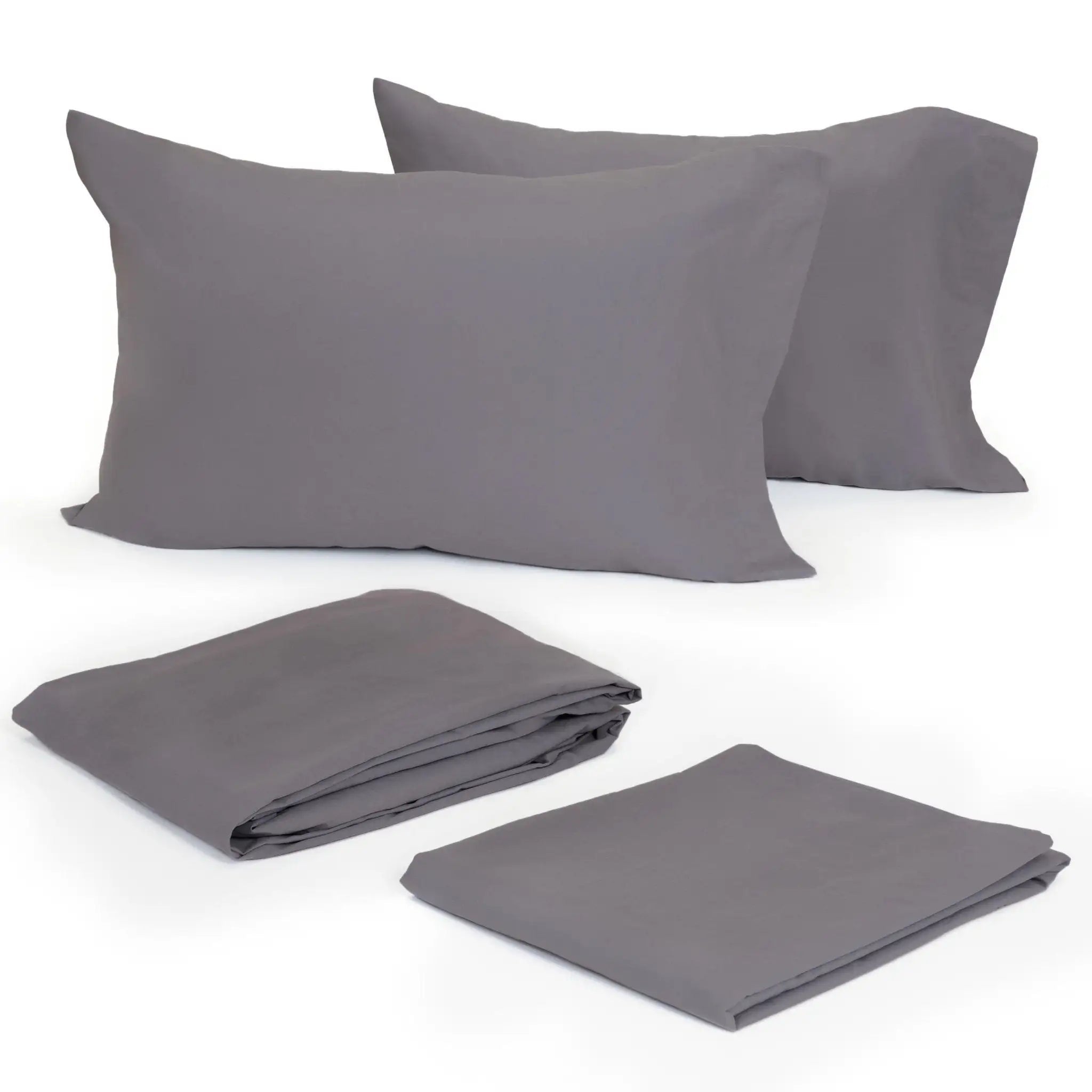 Gray bedding set with two pillows and two folded sheets on a white background