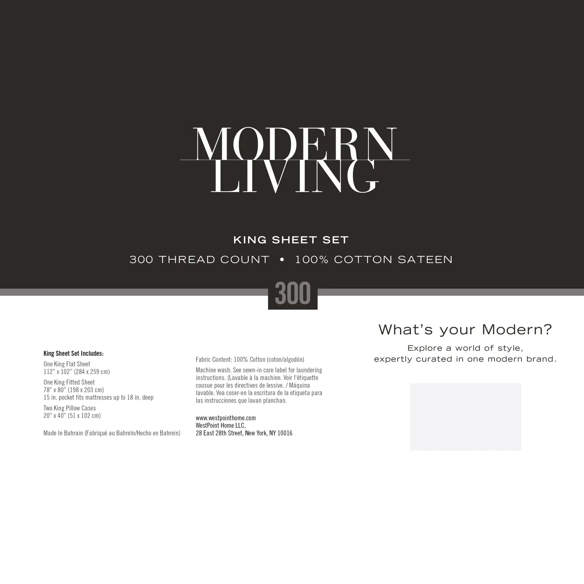 Advertisement for a modern living king sheet set with text and branding.