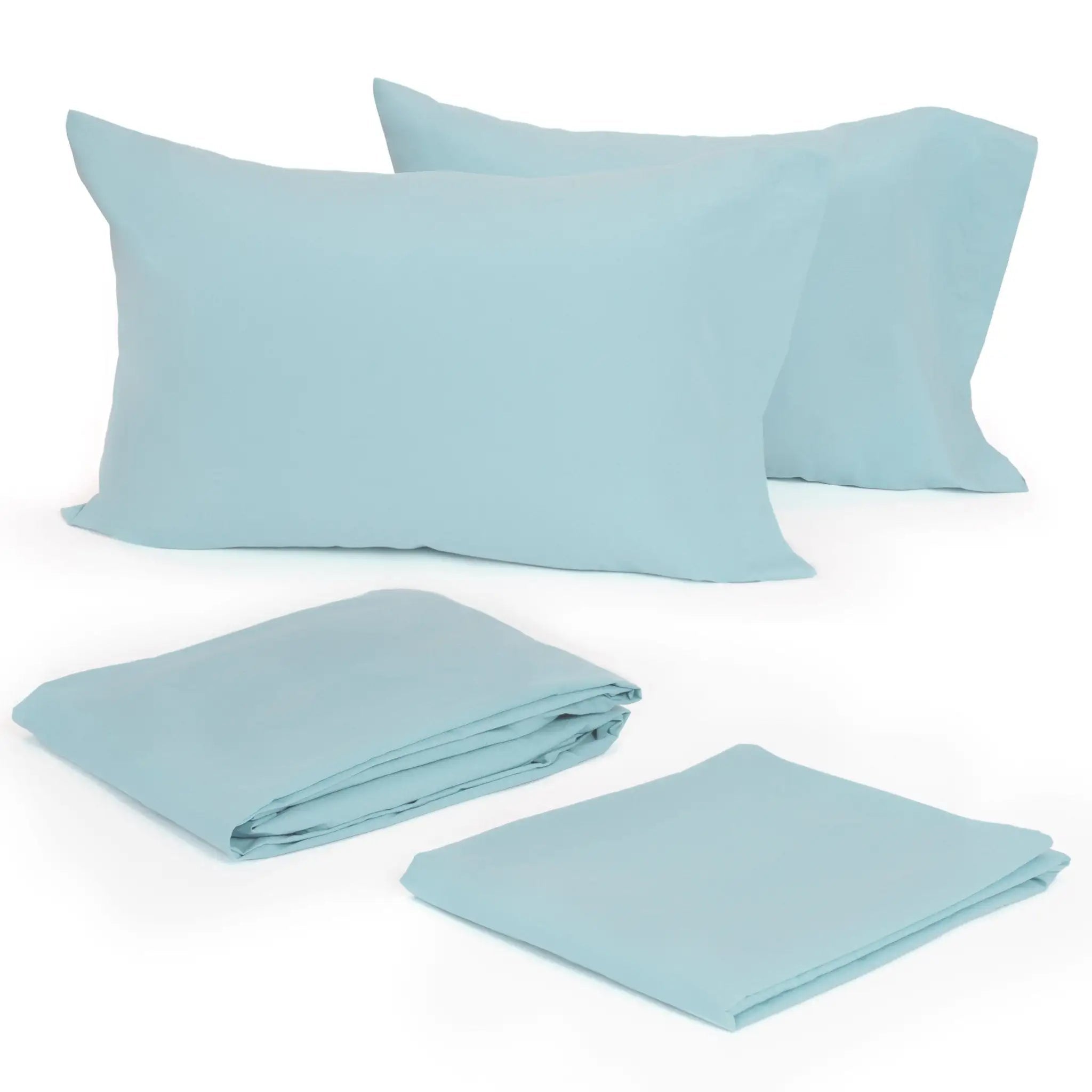 Light blue bedding set including two pillows, a duvet cover, and a fitted sheet on a white background.
