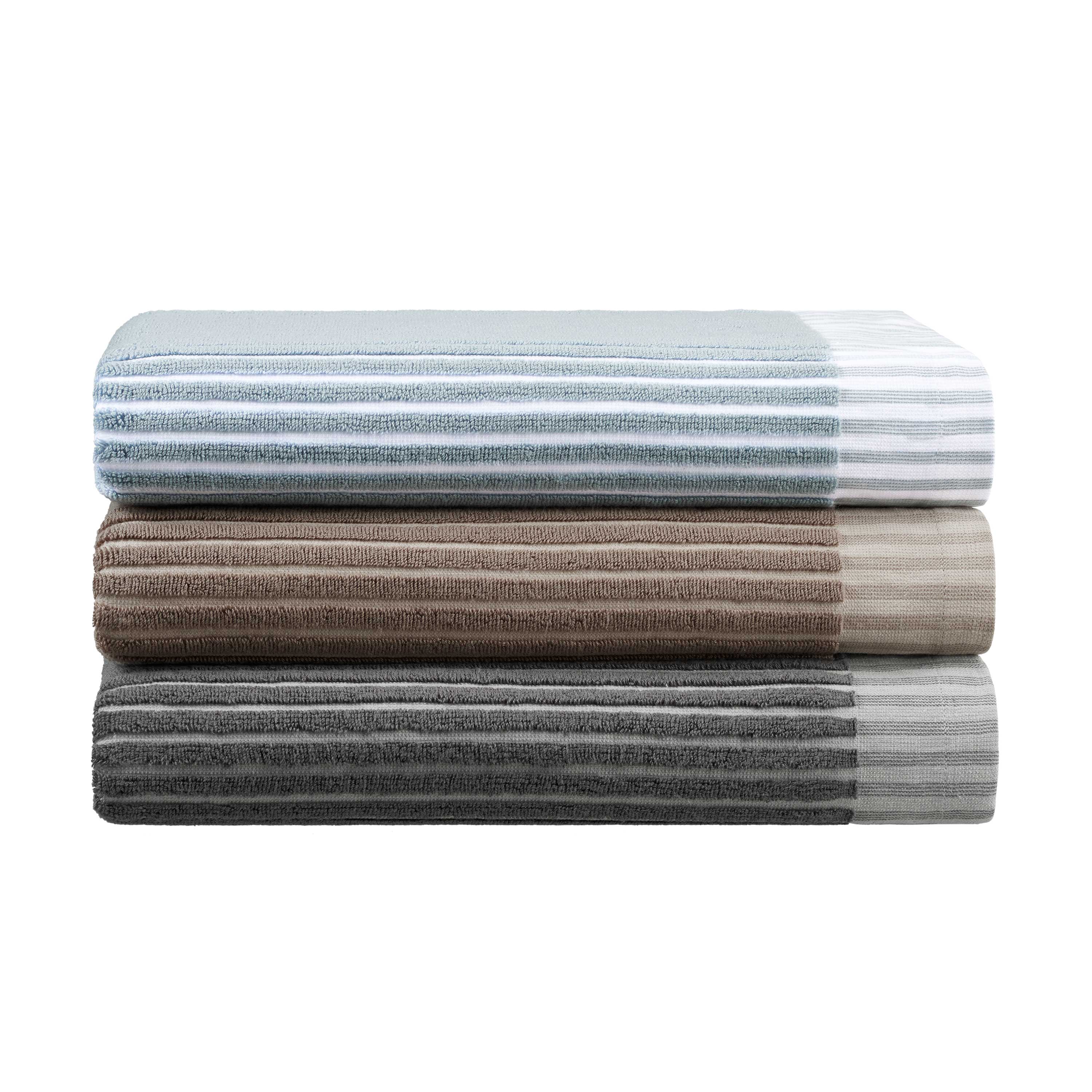 Three stacked towels in varying colors: light blue with stripes, brown, and dark gray.