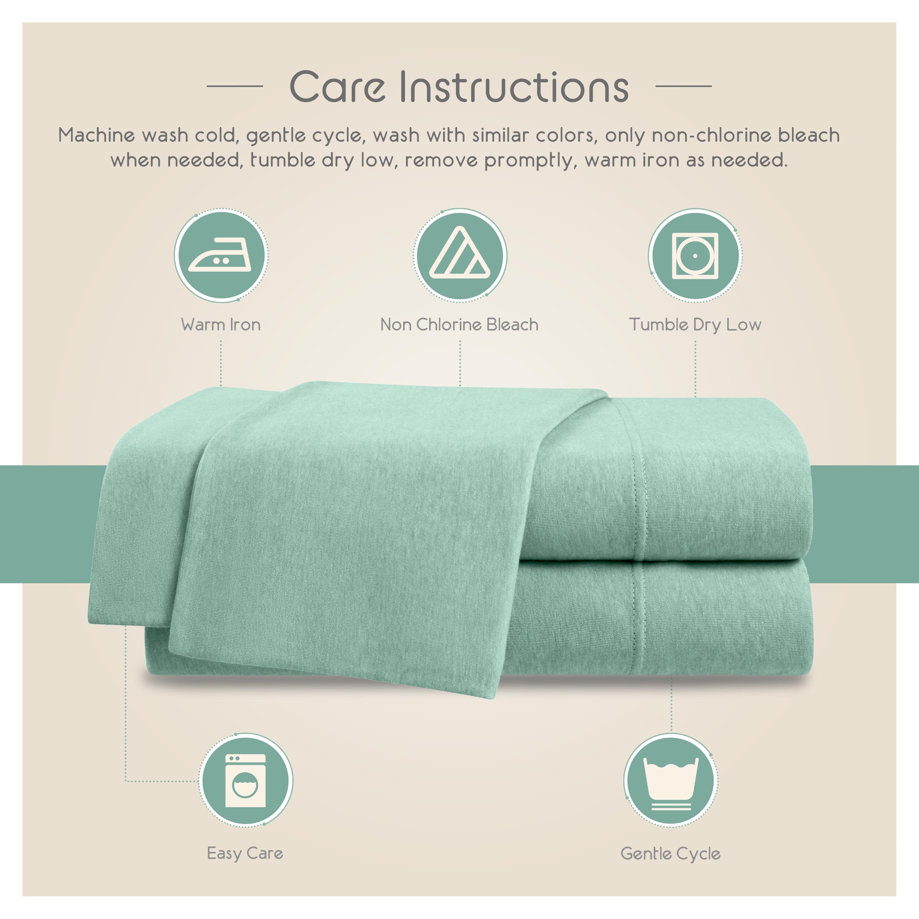 Care instructions for a soft, mint green sheet set, including washing and drying guidelines.