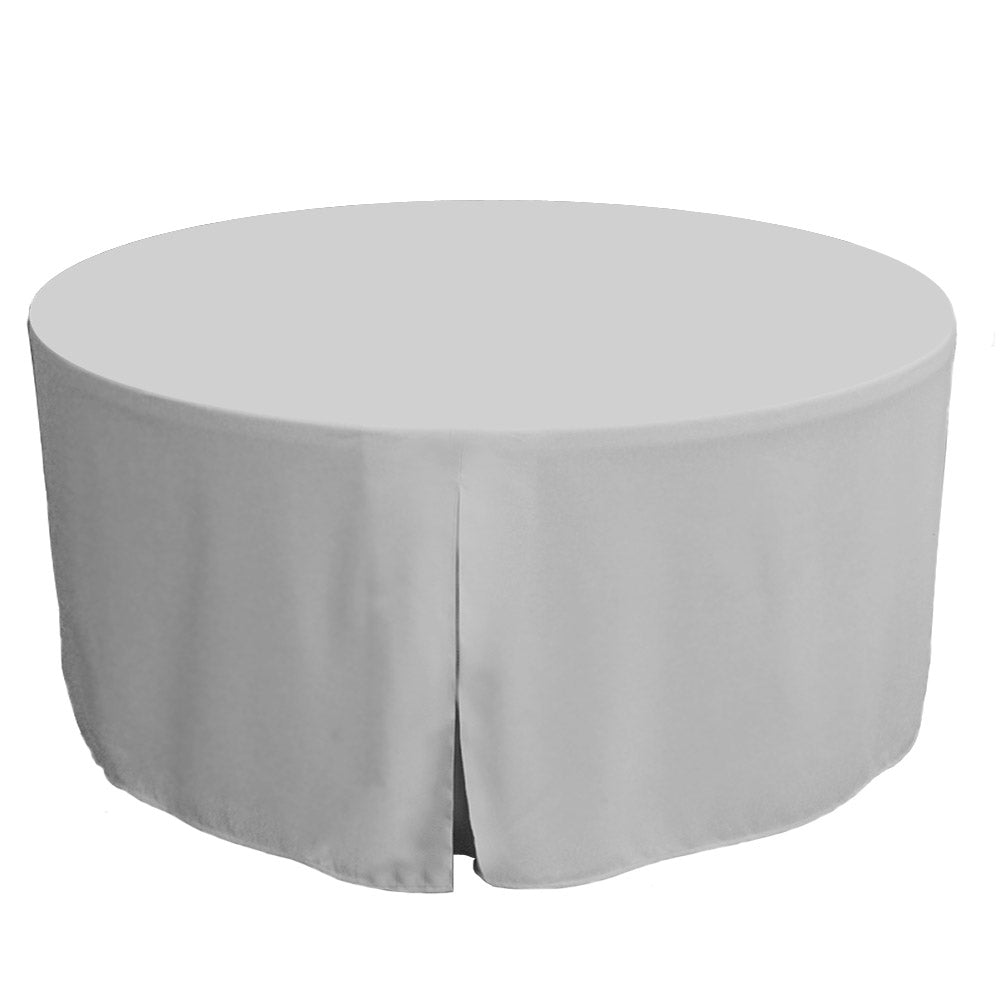 Round table cover in light gray, designed for a 60-inch diameter table with a draped edge.