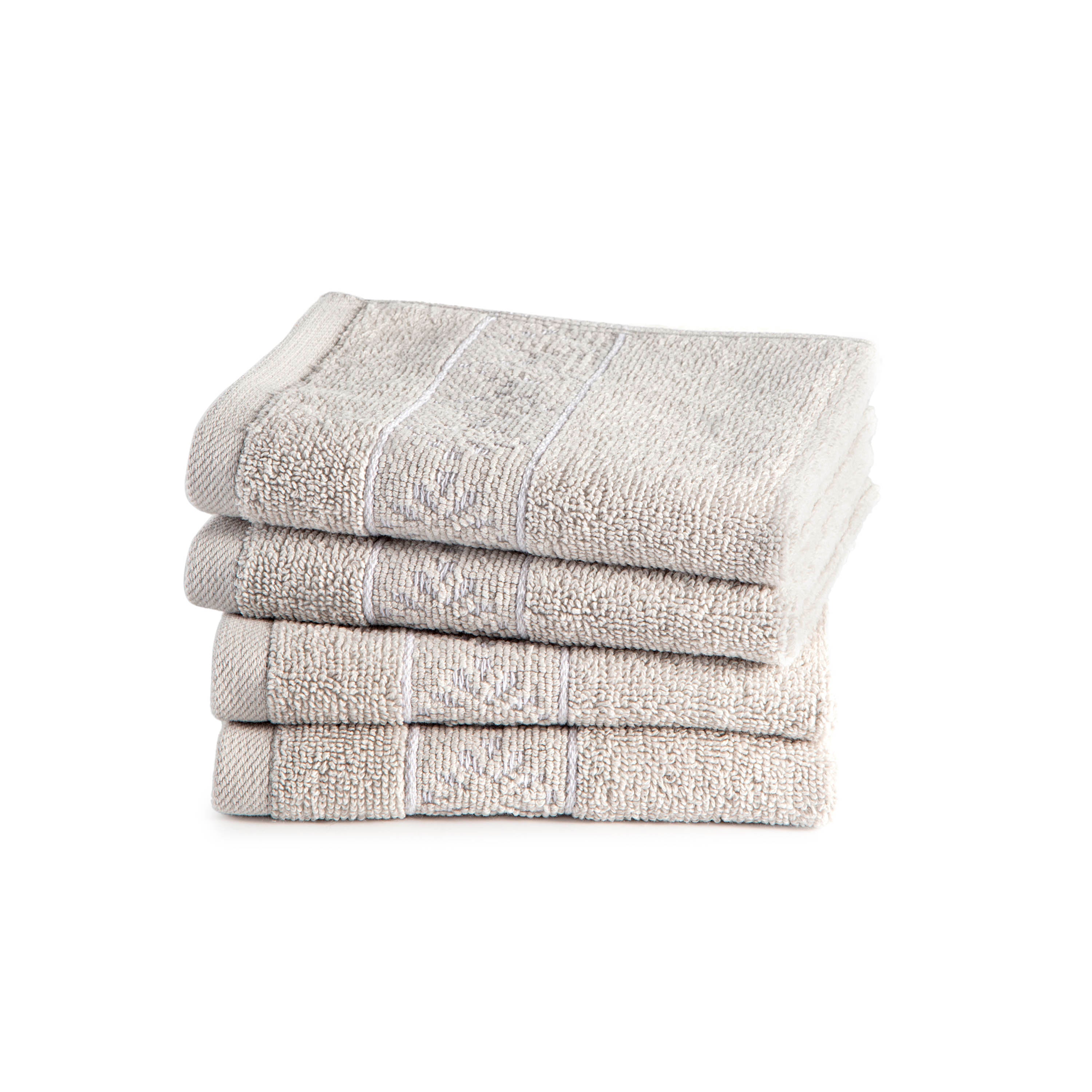 Four neatly stacked beige towels with textured fabric and a subtle striped design.