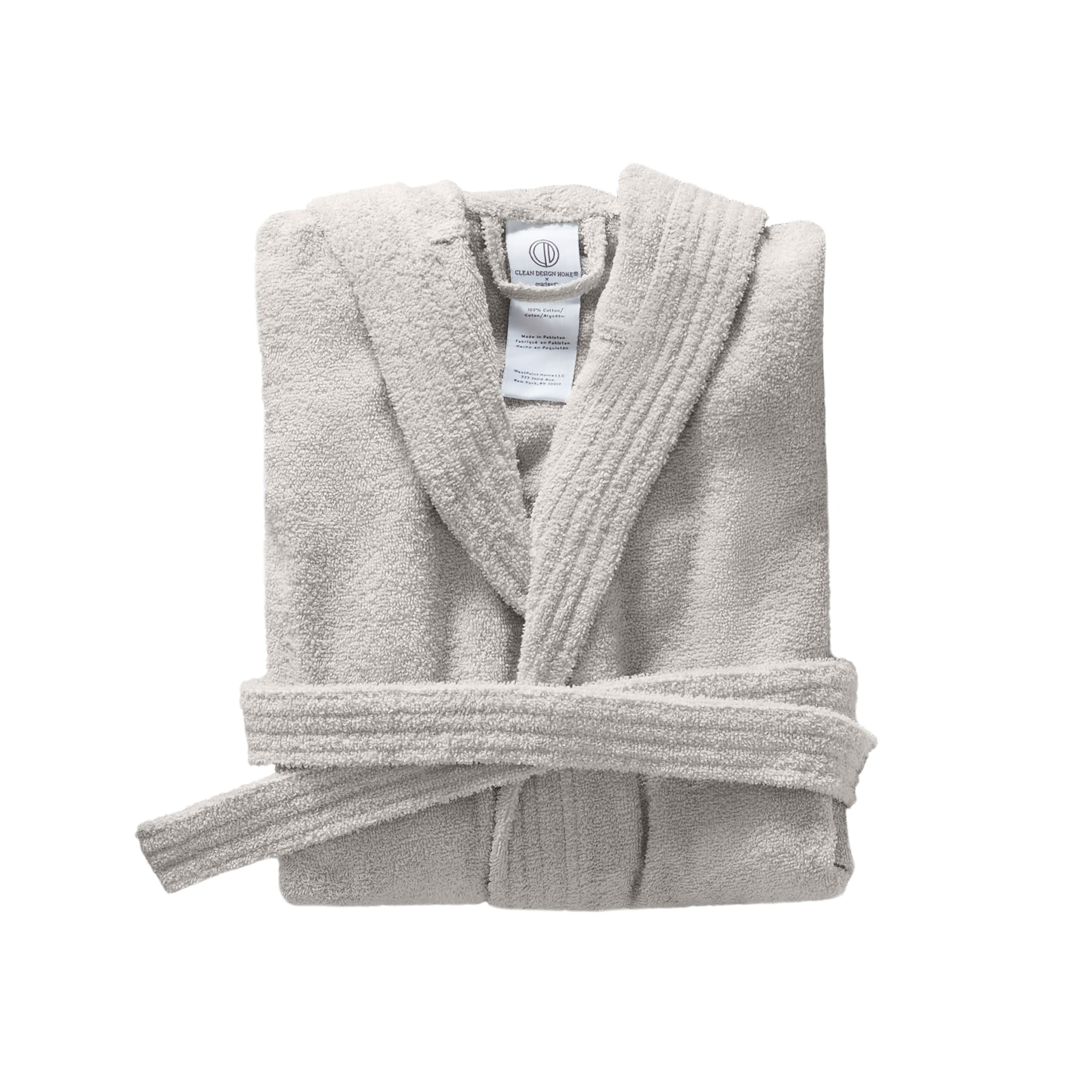 Hooded bath robe in light gray, featuring a tie belt and textured collar, neatly folded.