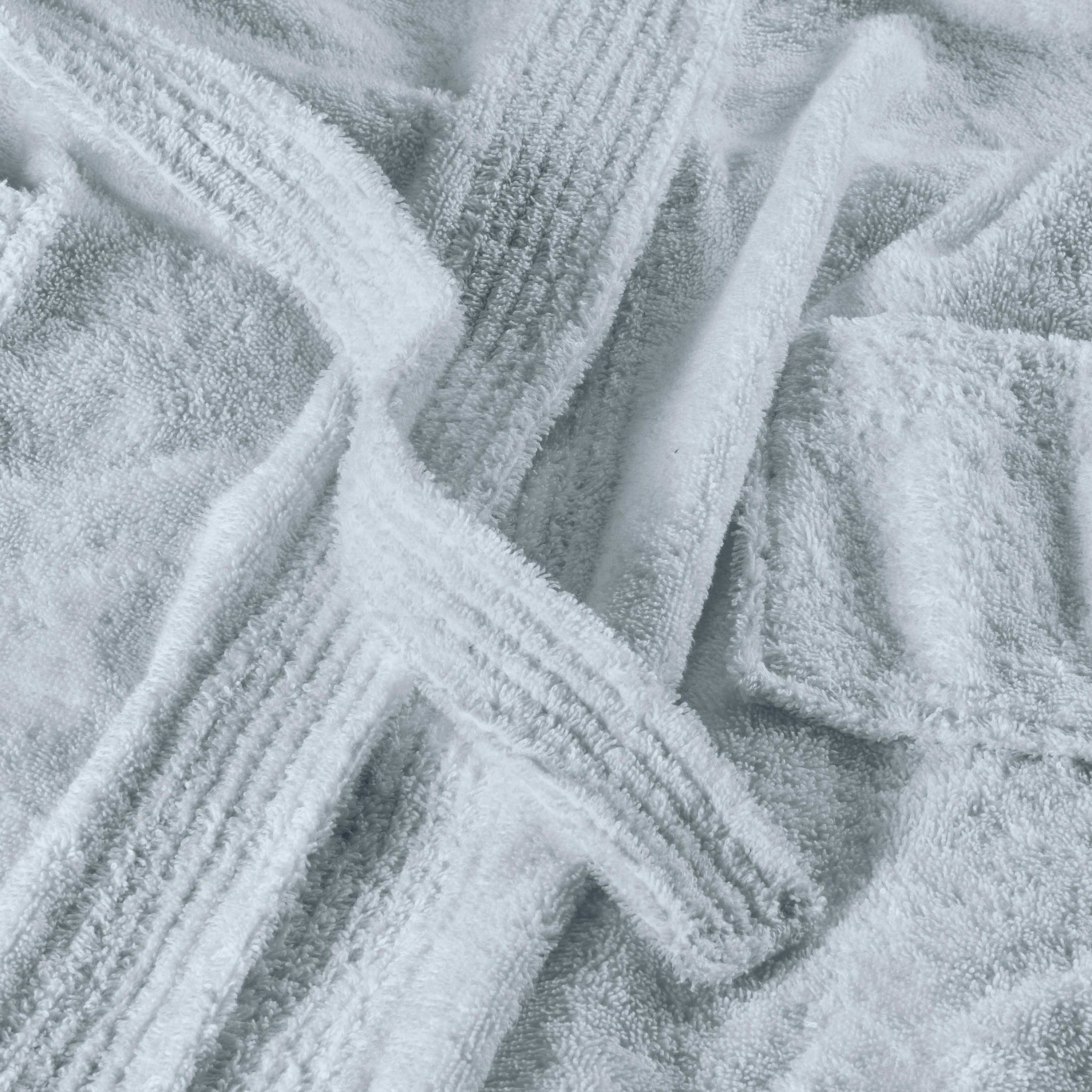 Light gray hooded bath robe with textured fabric and overlapping sections.