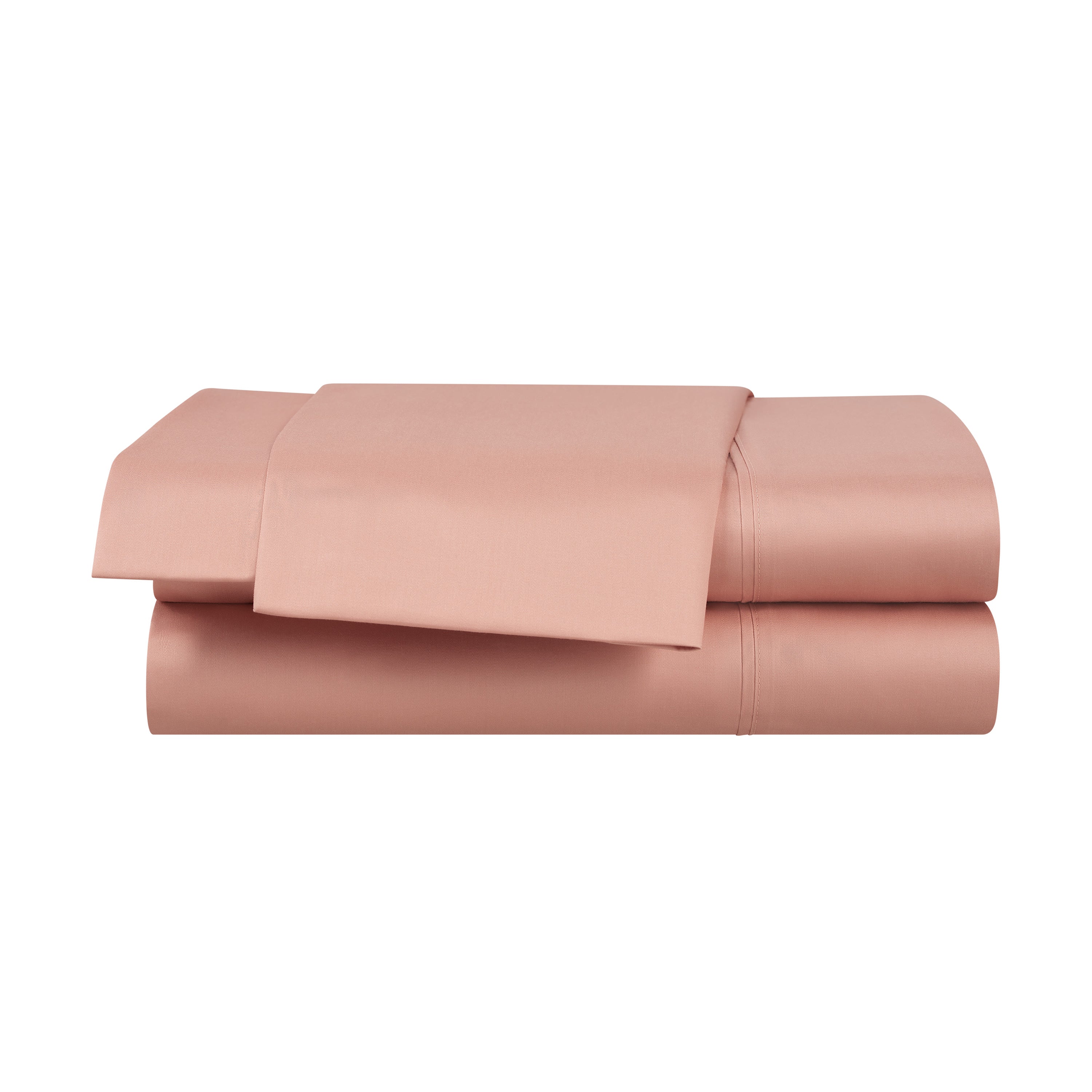 Solid cotton and Tencel sheet set in a soft pink color, neatly folded with a smooth texture.