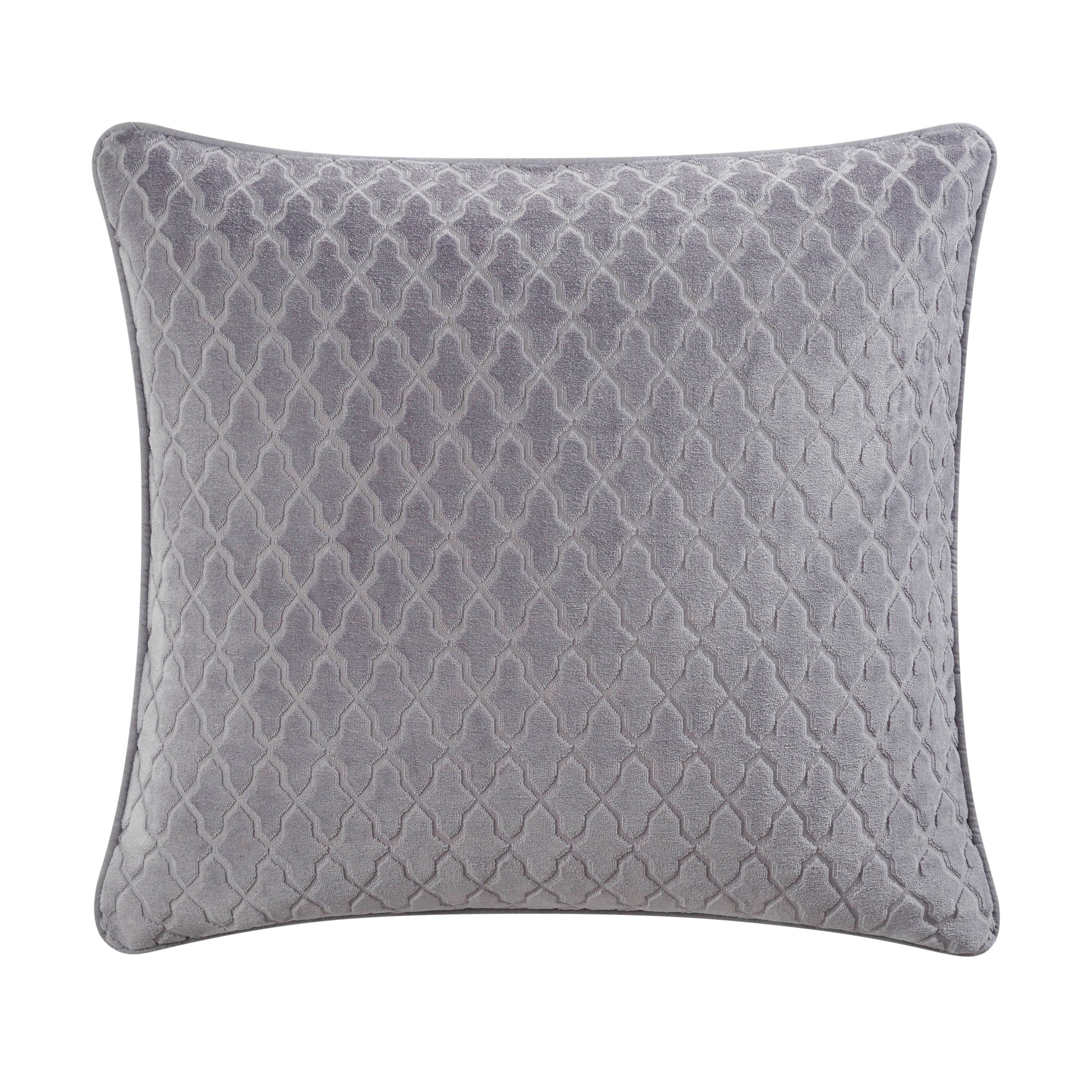 Square gray decorative pillow with a textured geometric pattern.
