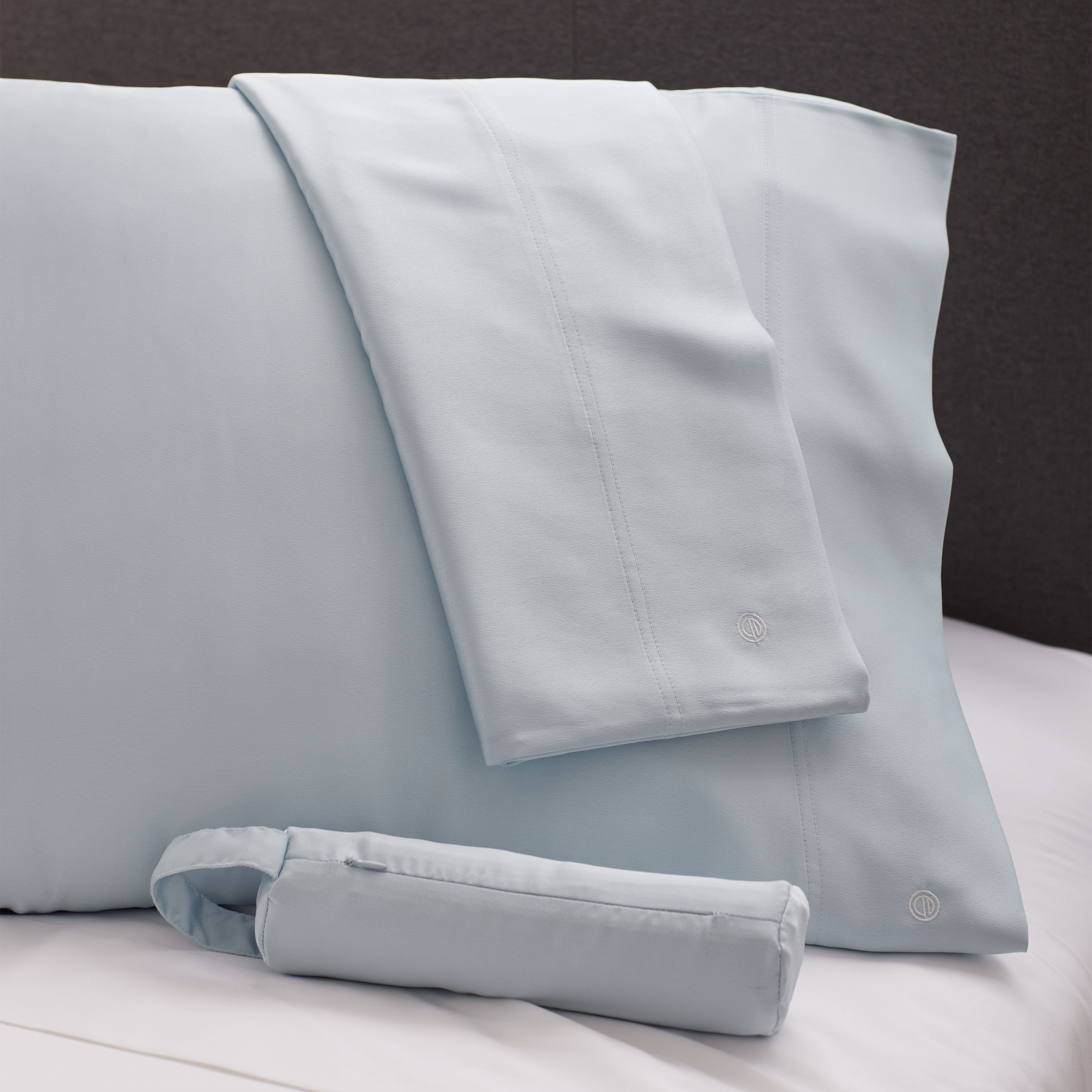 Light blue satin pillowcases with a smooth finish and subtle stitching detail.