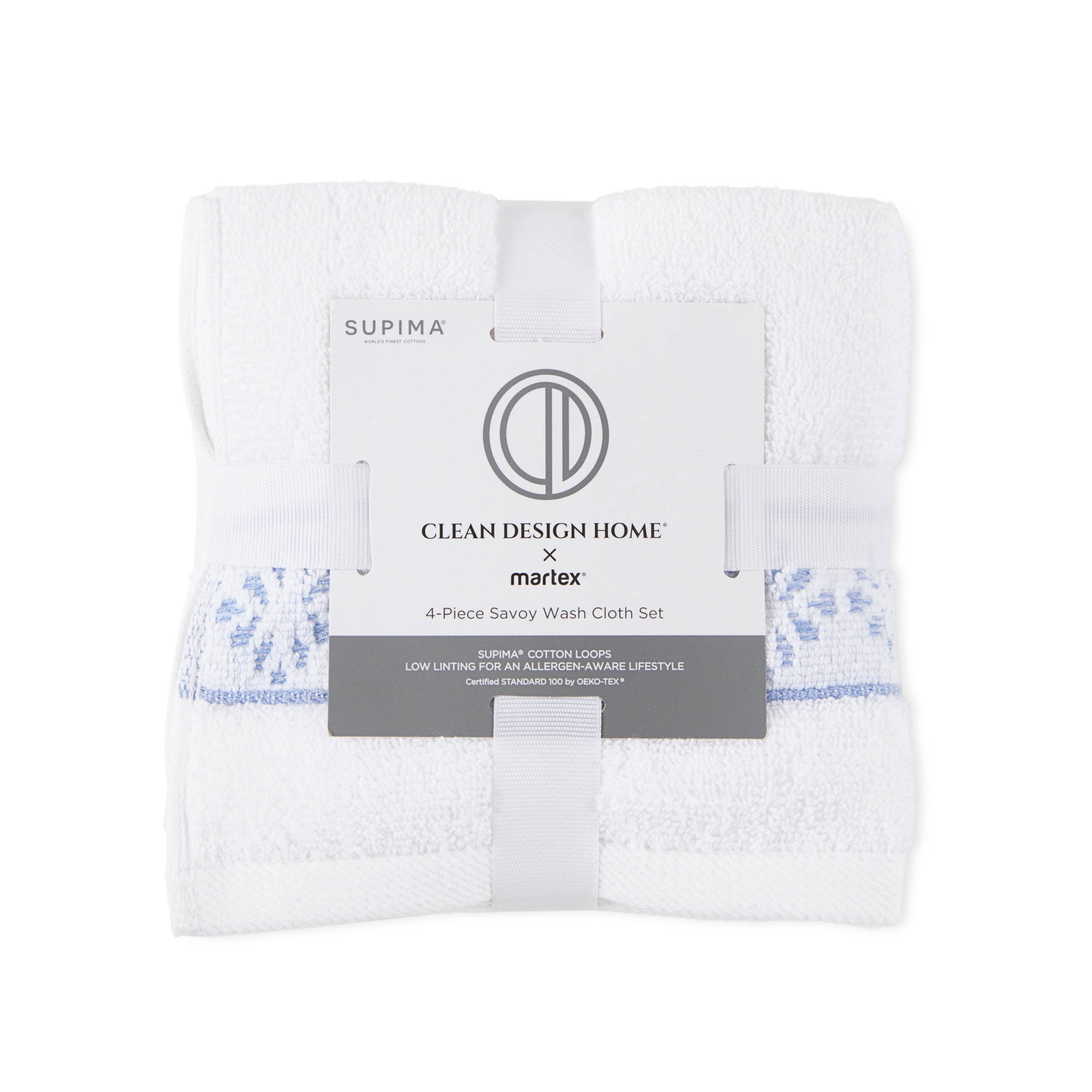 Four-piece wash cloth set featuring white towels with blue accents and a branded label.