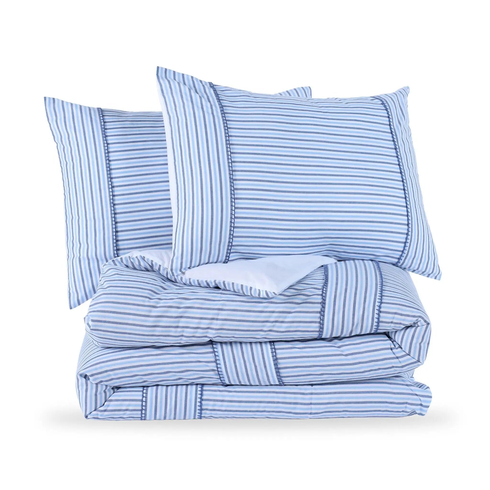 Blue striped comforter set with two pillow shams on a white background