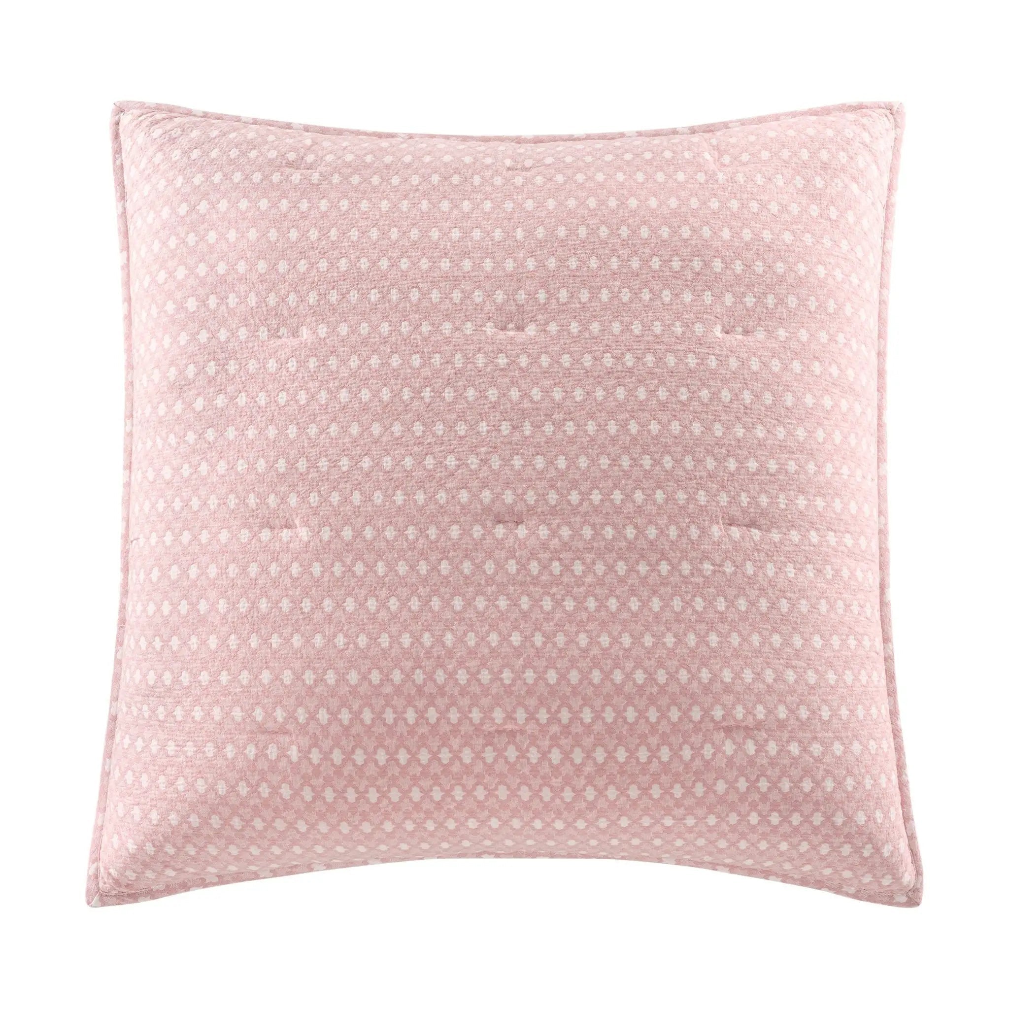 A square euro in light pink fabric with a small white geometric pattern and tufted button details, shown against a plain white background.