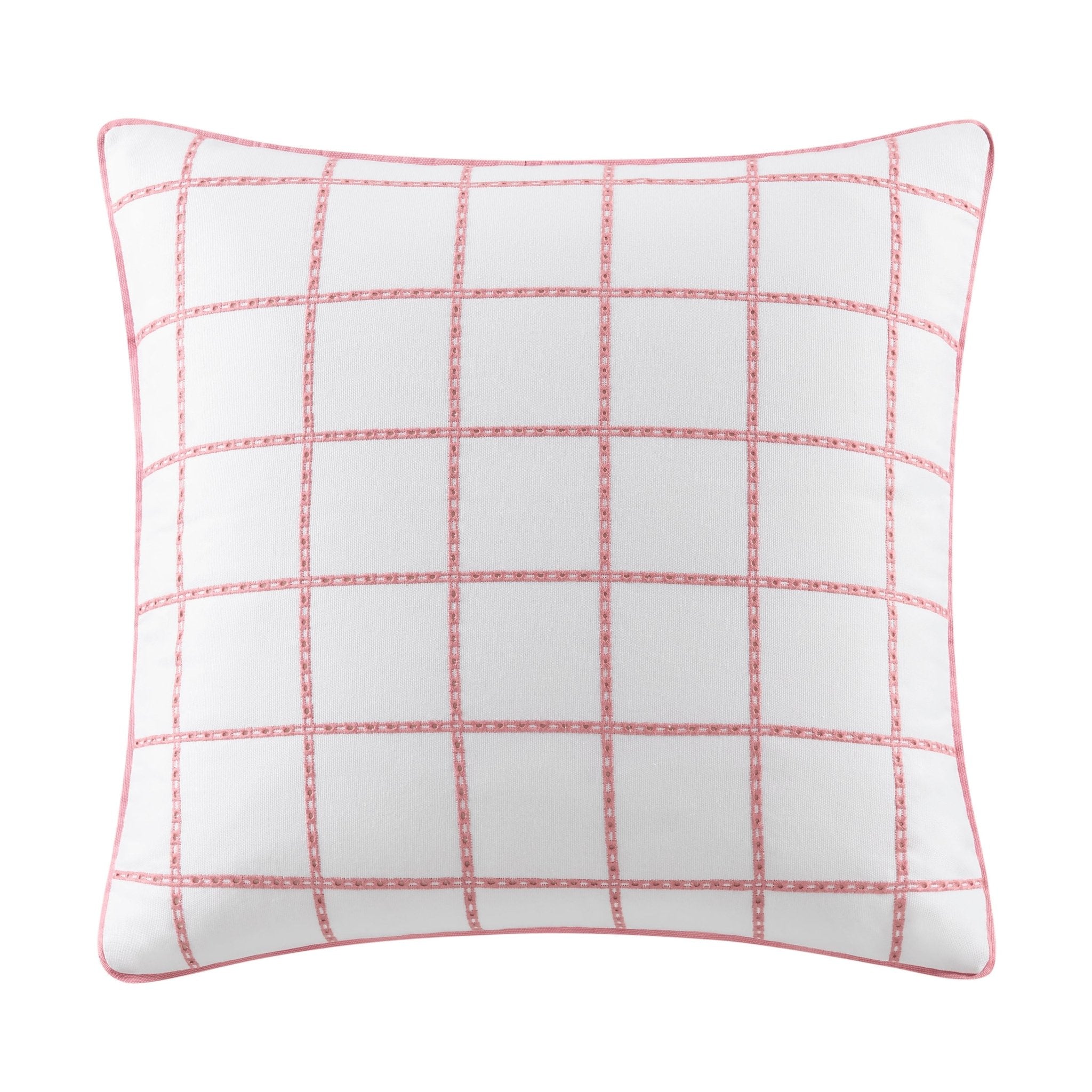 Back view of white pillow sham with red grid pattern on a white background