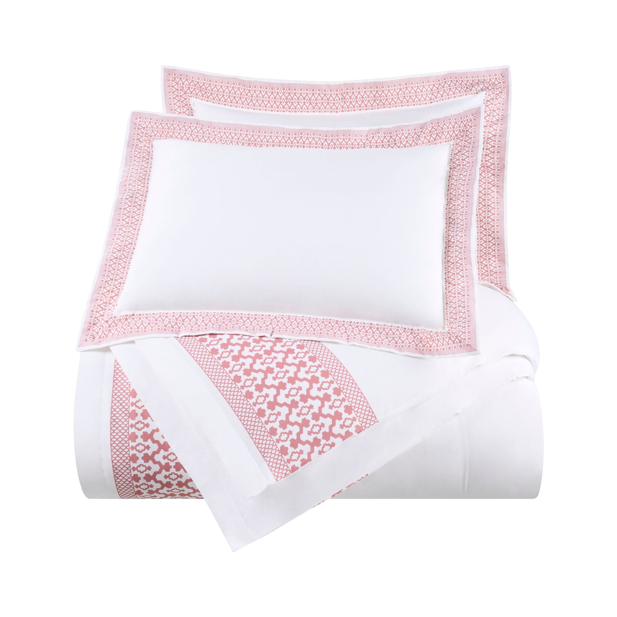 Comforter Set with pink geometric patterns on a white background