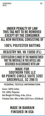 Text label for cotton batting with certification details and manufacturing information.