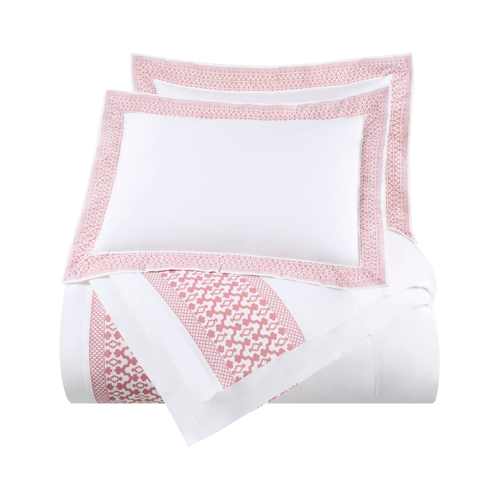 A folded comforter set featuring white pillow shams, both detailed with a pink geometric patterned border.