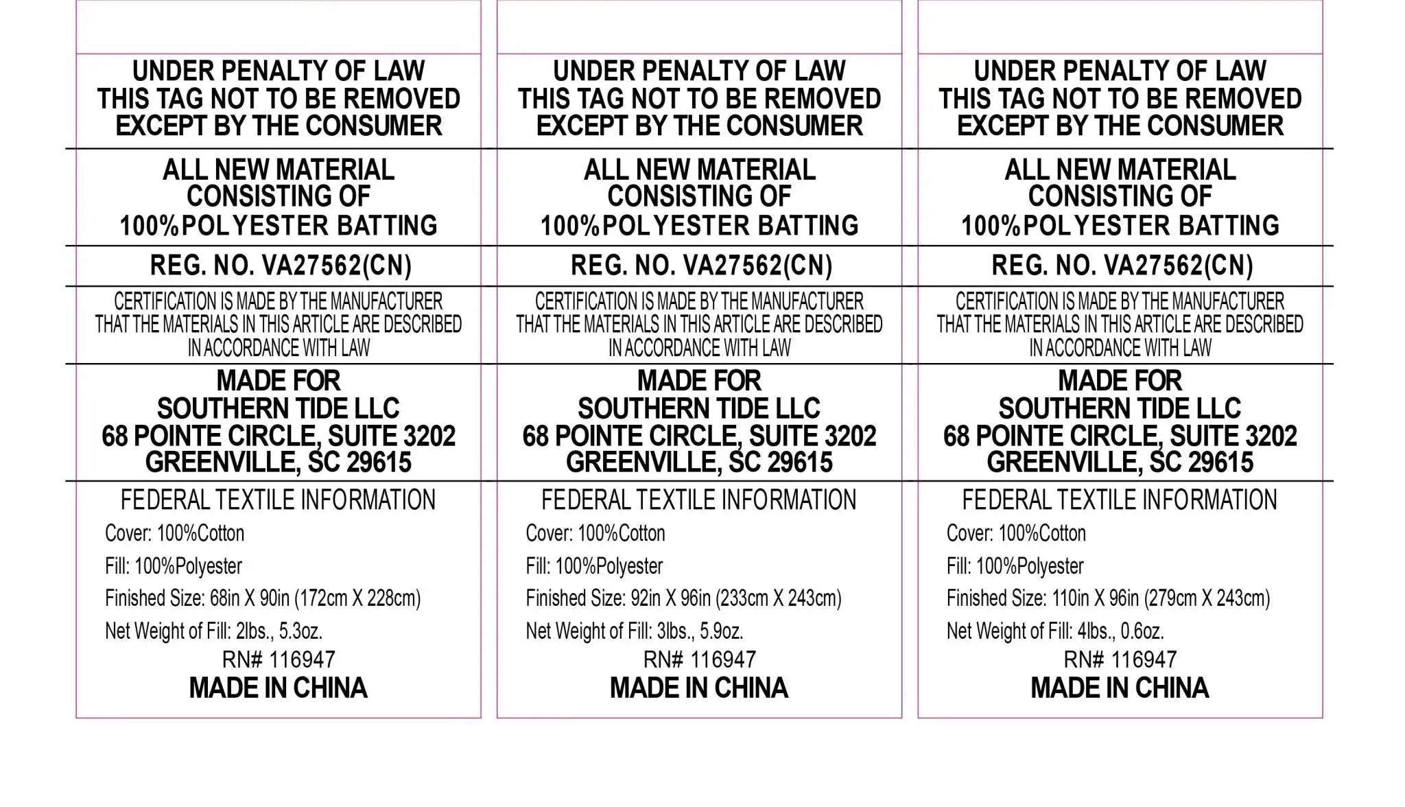 Text labels for cotton batting with certification details and manufacturing information.