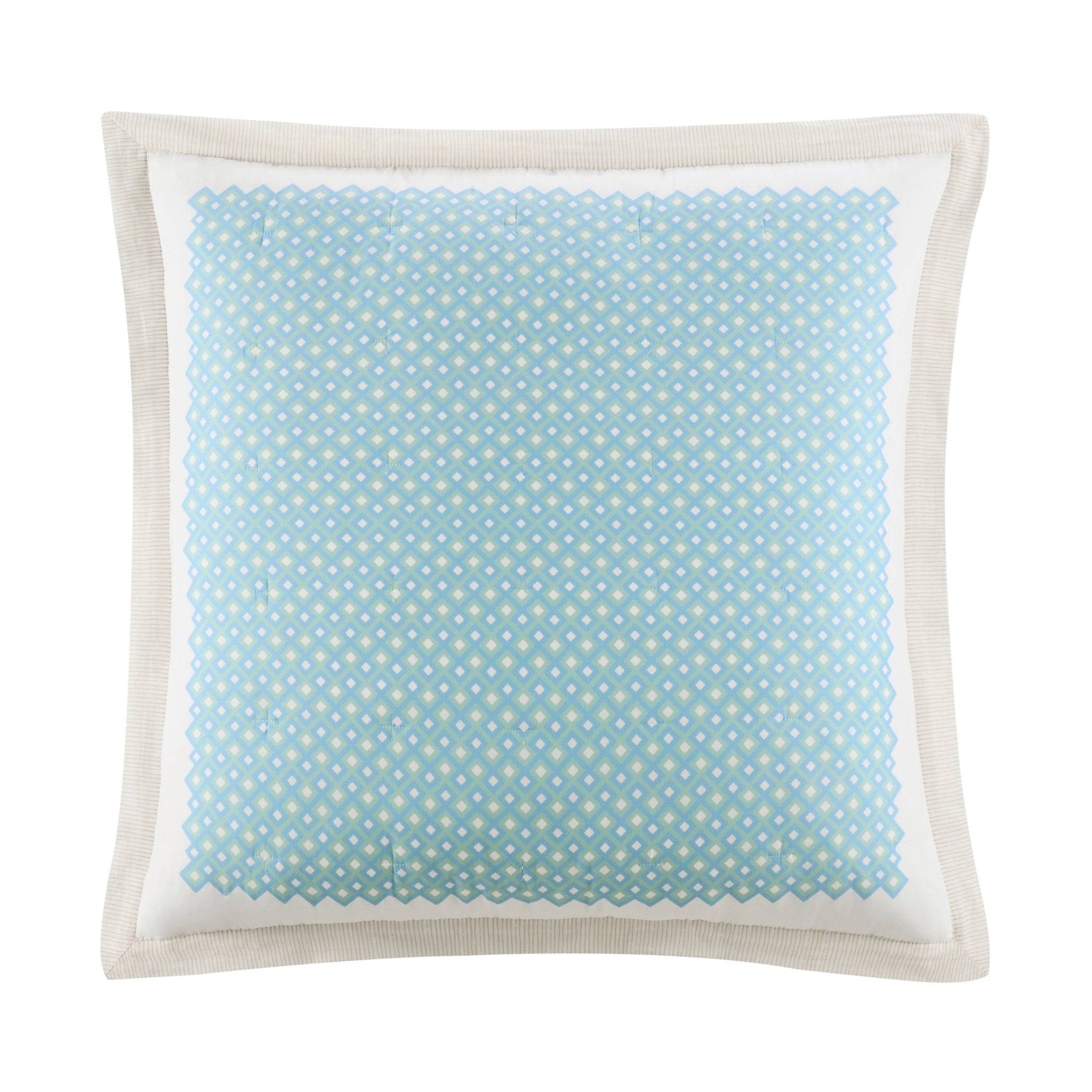 Euro sham with blue polka dot pattern on a white background