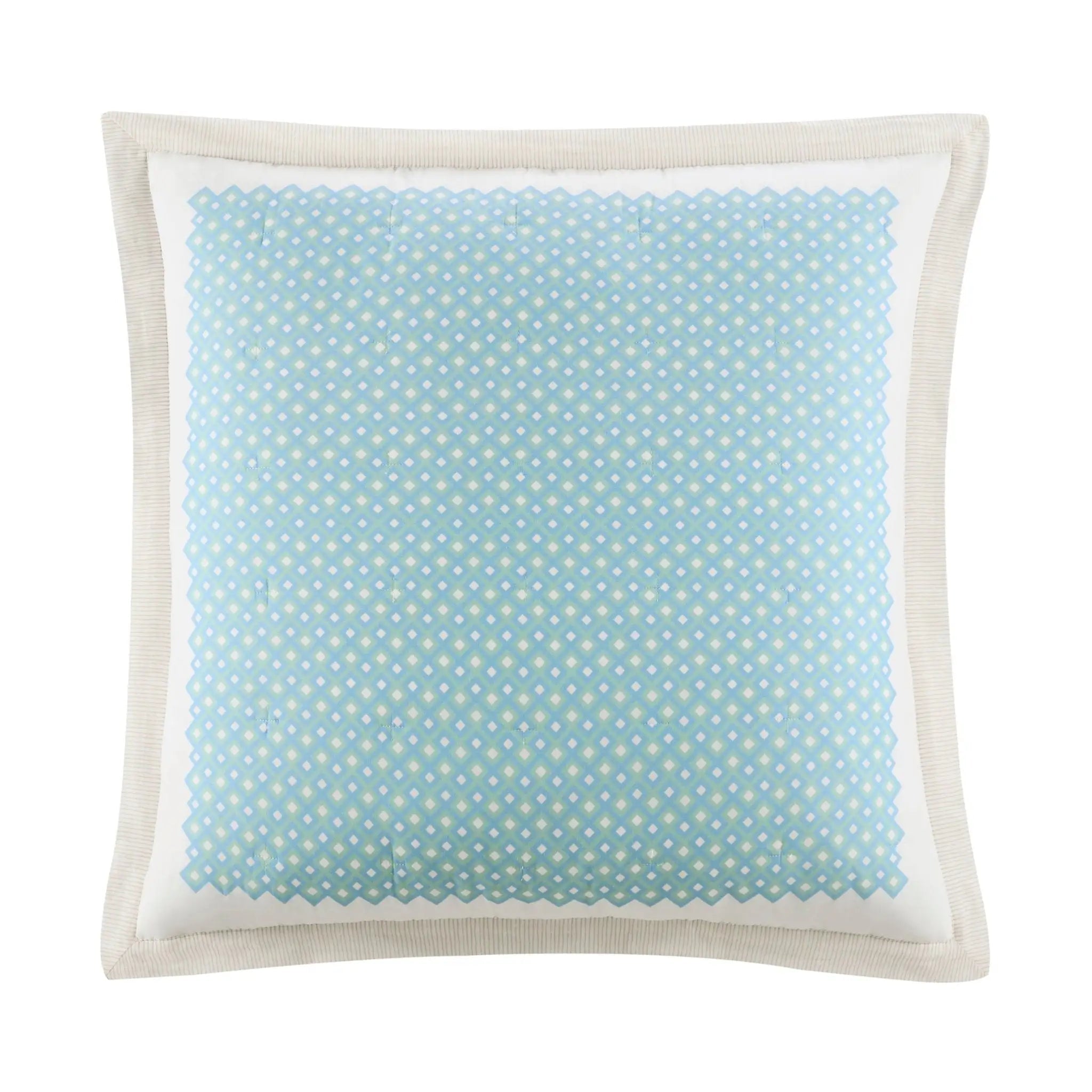 A square euro with a light blue center panel featuring a white geometric dot pattern and a scalloped border, surrounded by a cream-colored fabric trim.