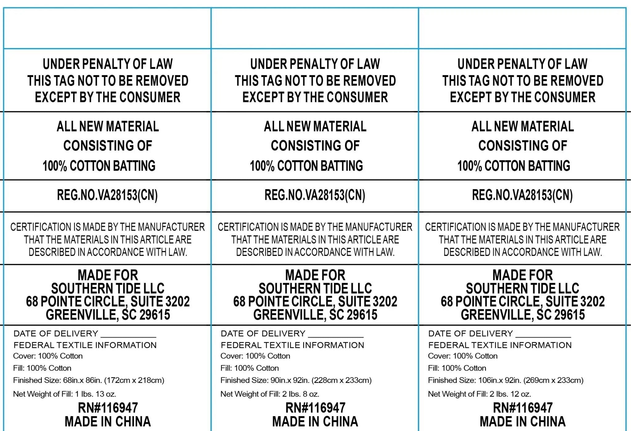 Text labels for cotton batting with certification details and manufacturing information.