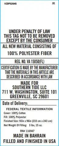 A white rectangular label with black printed text detailing material and manufacturing information.