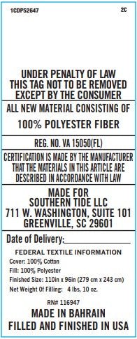 Fabric label with text about material composition, certification, and manufacturing details.