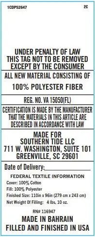 A white rectangular label with black printed text detailing material and manufacturing information.