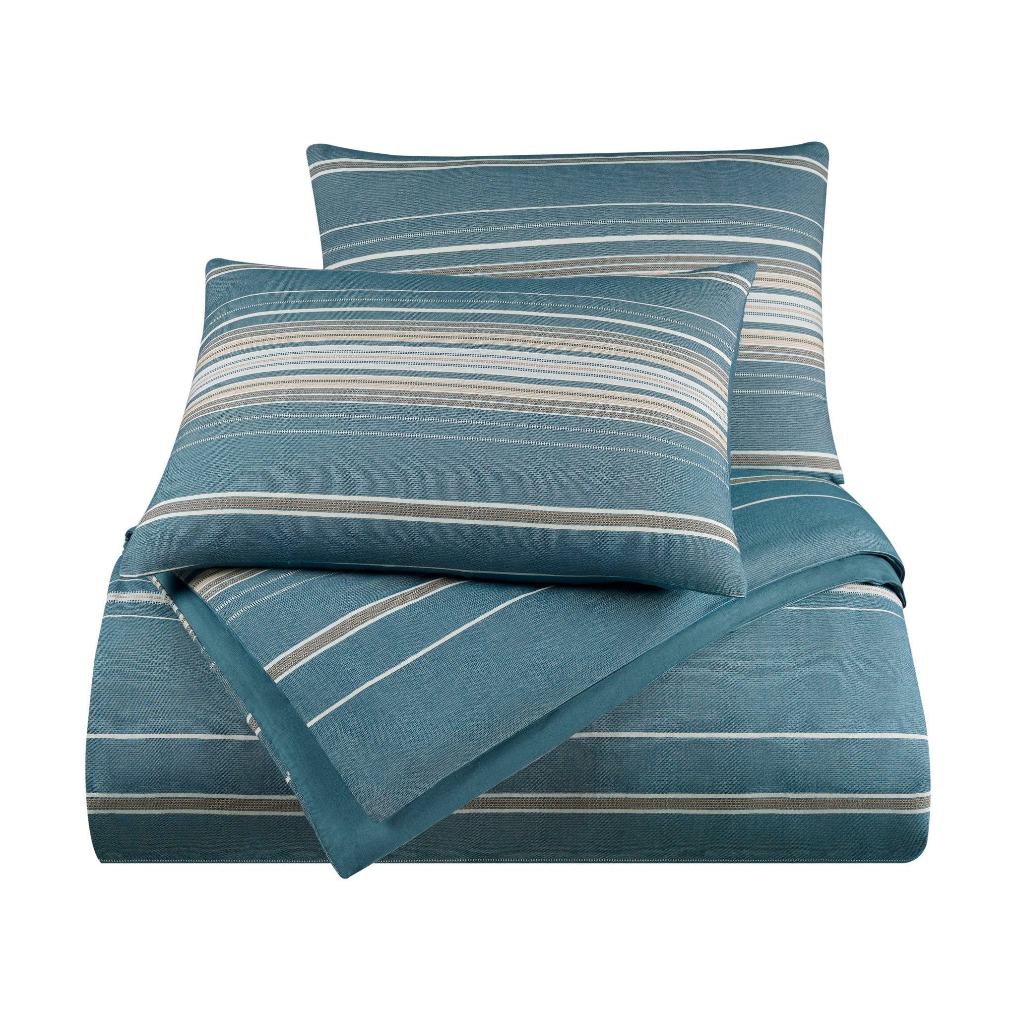 Blue striped comforter set with two pillow shams on a white background