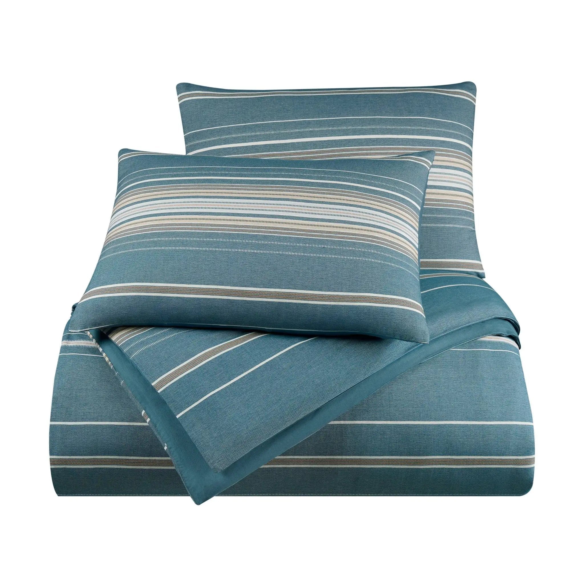 Blue striped comforter set with two pillow shams on a white background