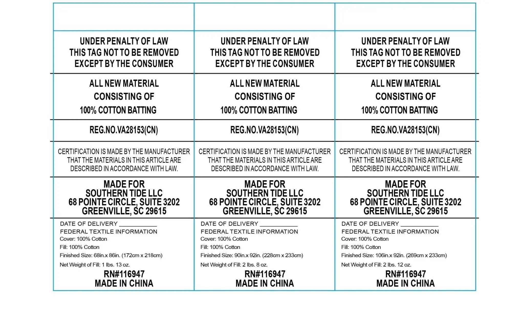 Text labels for cotton batting with certification details and manufacturing information.
