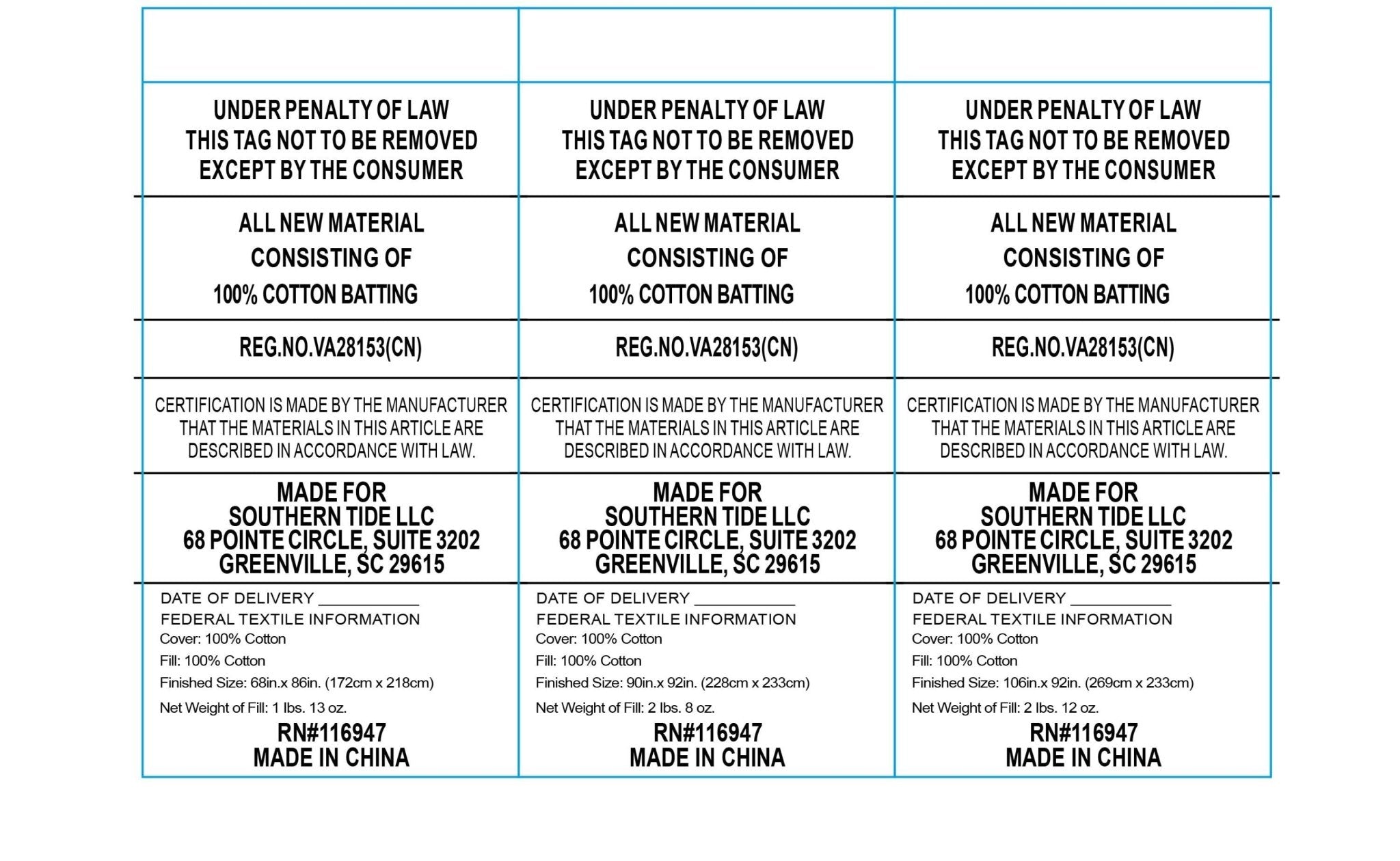 Three identical labels for a product made in China, featuring text about material composition and manufacturing details.