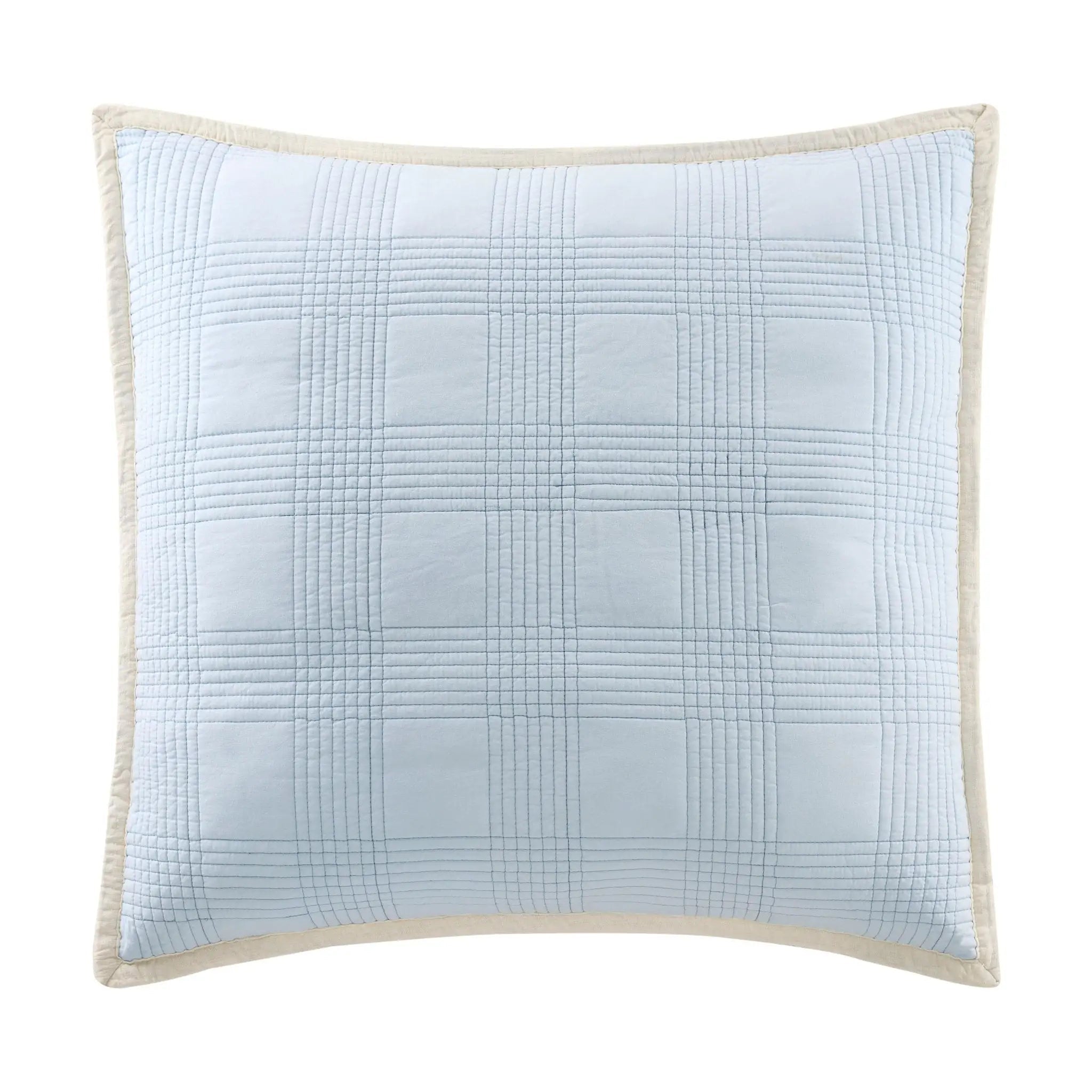 A square light blue quilted euro with a subtle plaid grid pattern and a contrasting beige piped border, shown against a plain white background.